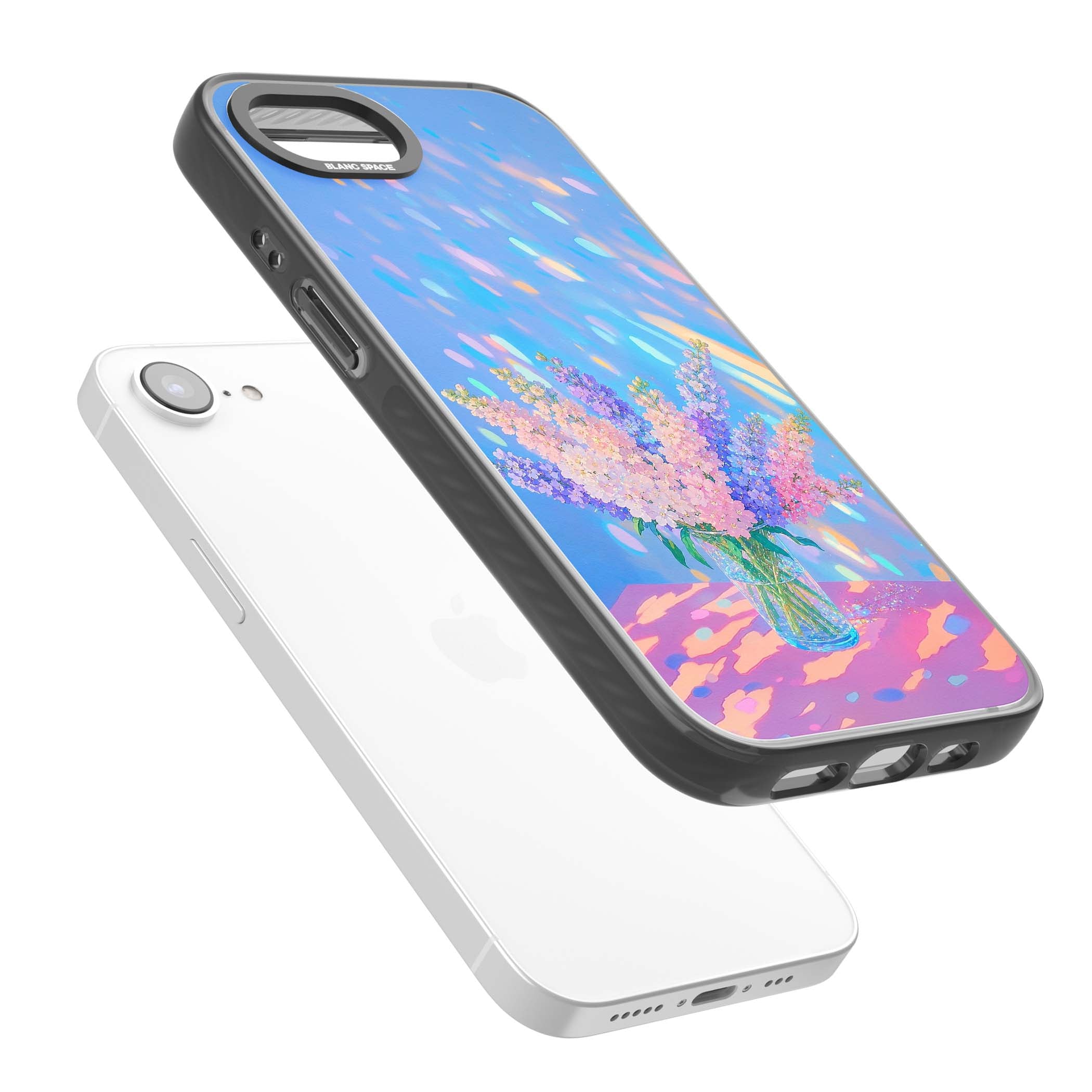 Bubblegum Flowers floral iPhone case featuring pastel lilac and pink bouquet in a glass vase with iridescent light | Black Impact case for iPhone 16e, iPhone 17e