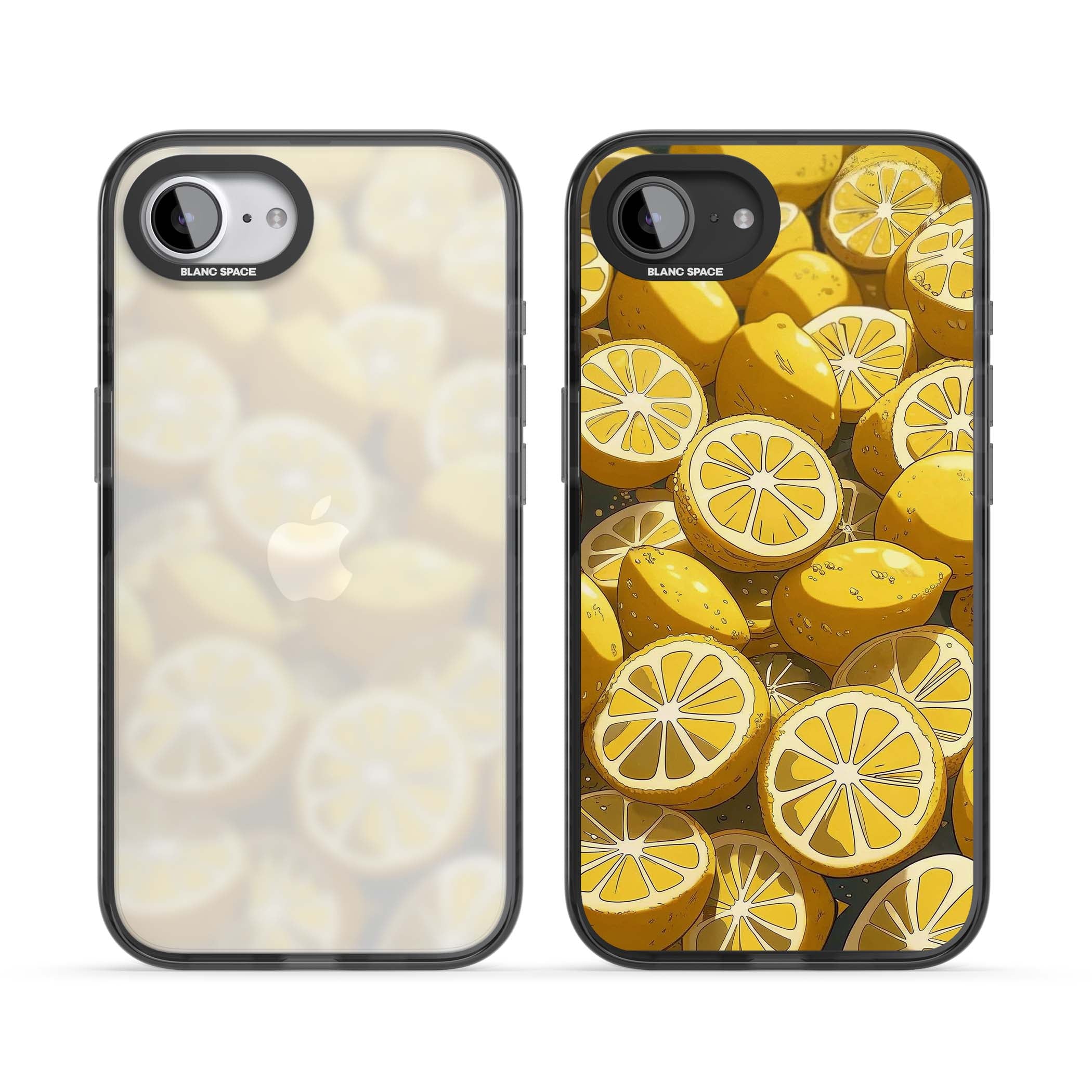 Zesty coastal iPhone case featuring illustrated Mediterranean lemons and citrus slices in golden yellow | Black Impact case for iPhone 16e, iPhone 17e