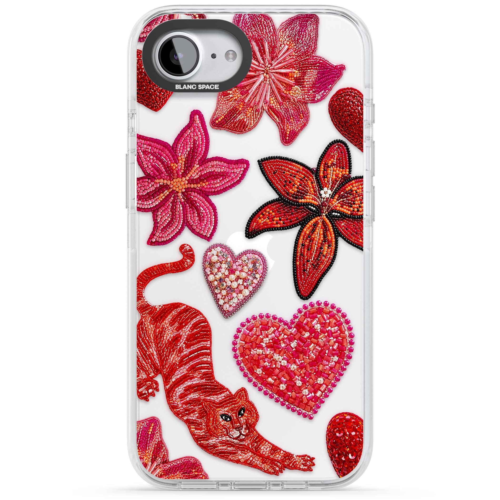 Beaded Boho floral iPhone case featuring beaded red lilies, a stitched tiger, and pearl-encrusted hearts on clear | Clear Impact case for iPhone 16e, iPhone 17e
