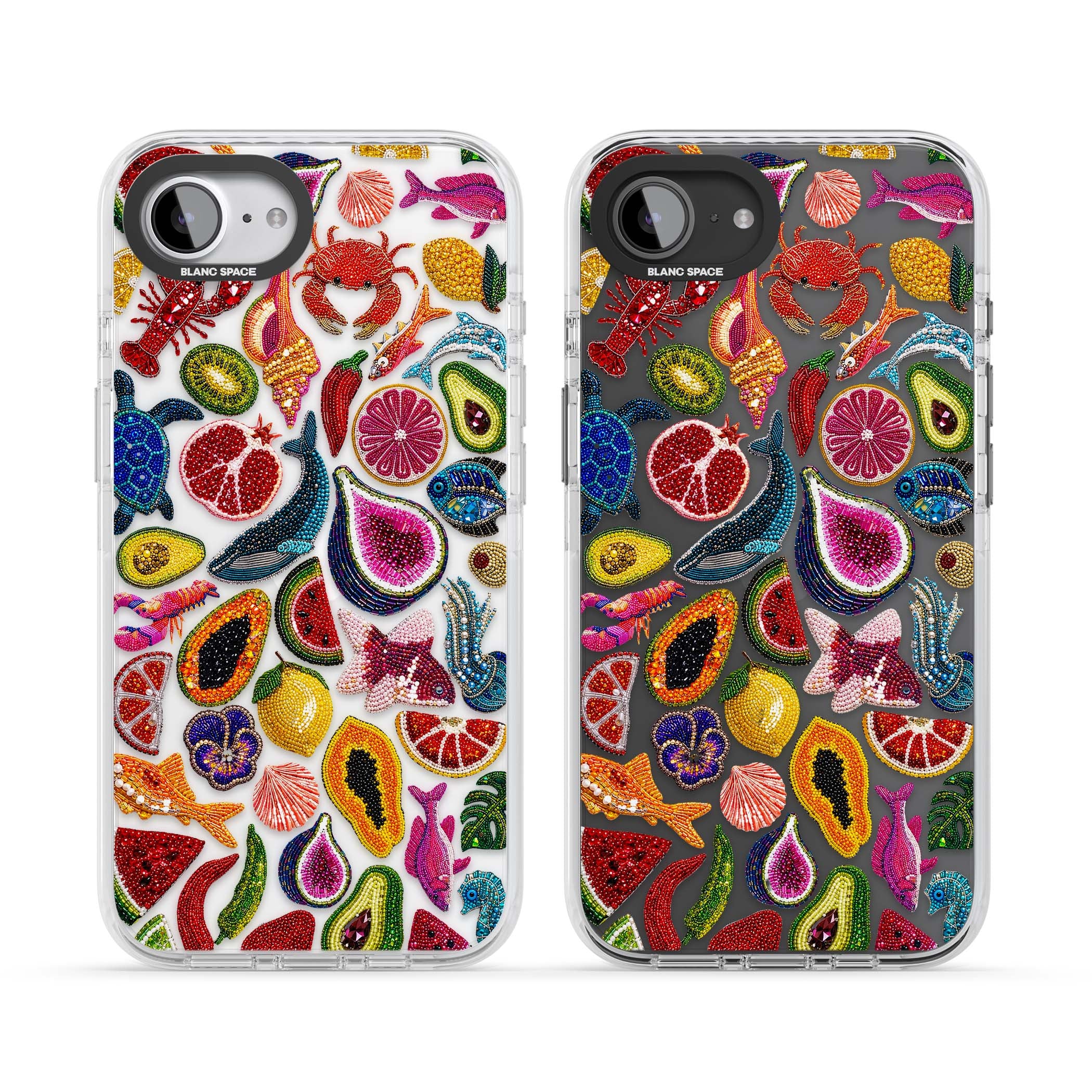 Beaded Tropic tropical iPhone case featuring beaded fruit, fish, crabs and seashells in vibrant colour | Clear Impact case for iPhone 16e, iPhone 17e