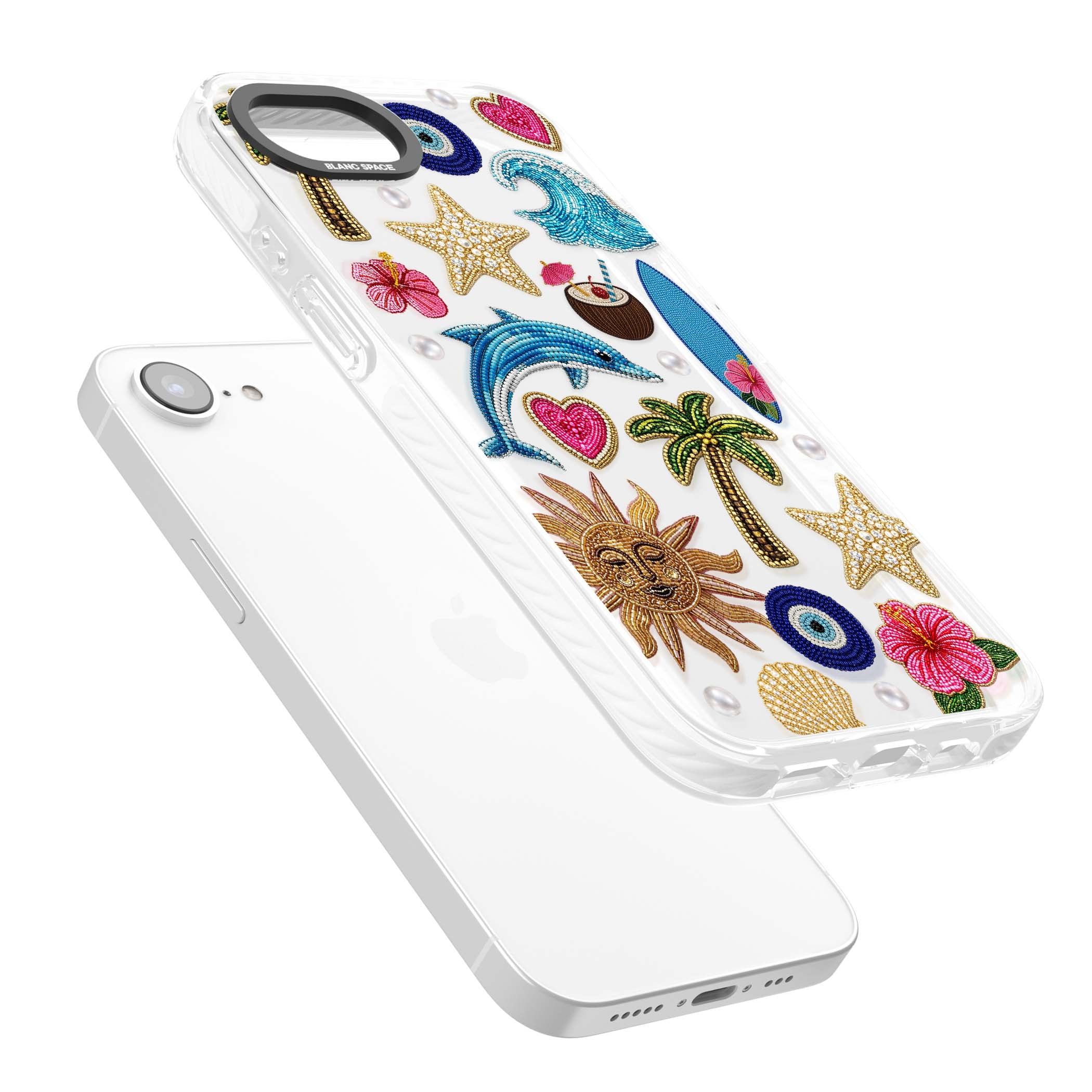 Beaded Beach coastal summer iPhone case featuring embroidered evil eye, hibiscus flowers, dolphin and palm tree patches | Clear Impact case for iPhone 16e, iPhone 17e