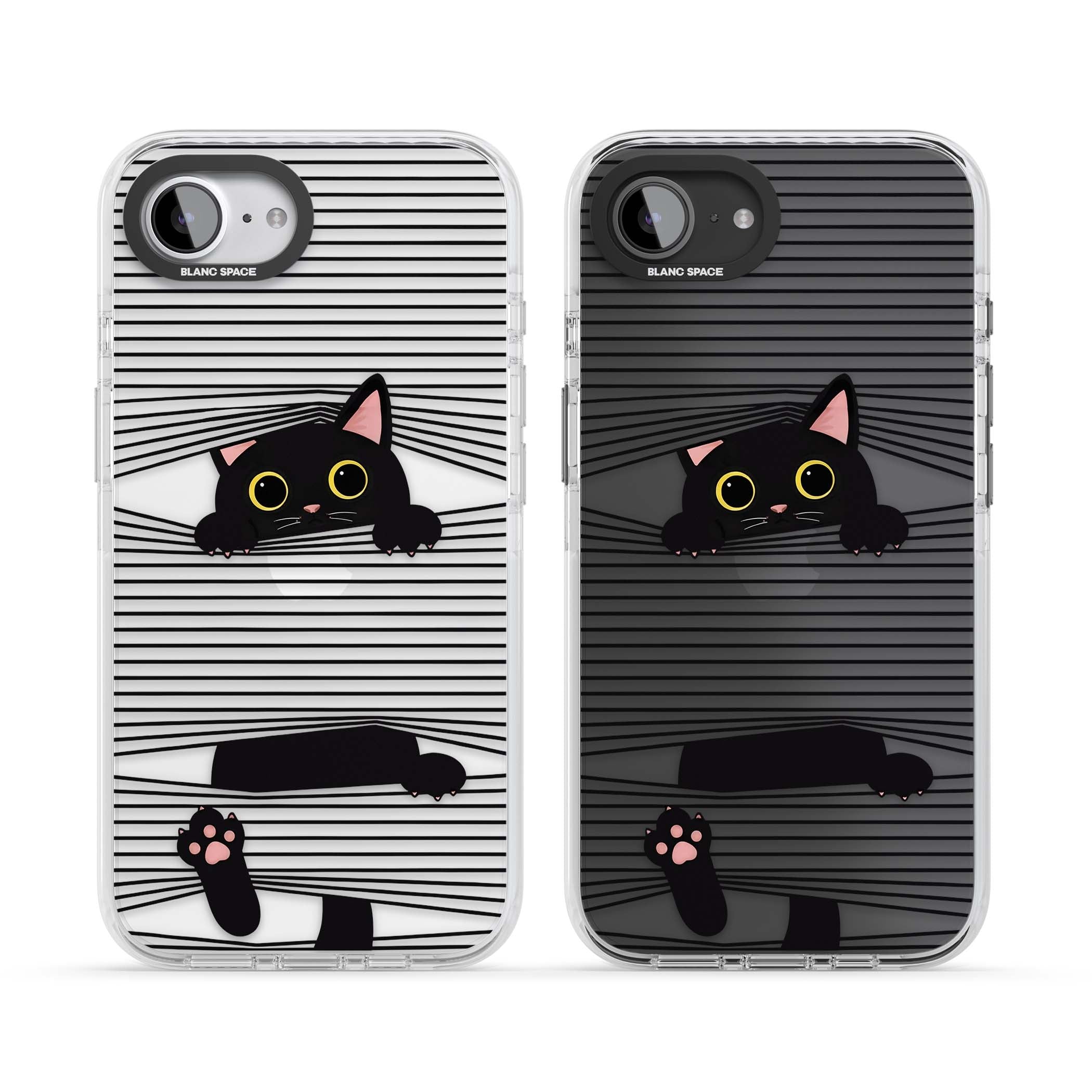 Peek-a-Boo Cat minimal iPhone case featuring black cat peeking through horizontal black and white stripes | Clear Impact case for iPhone 16e, iPhone 17e