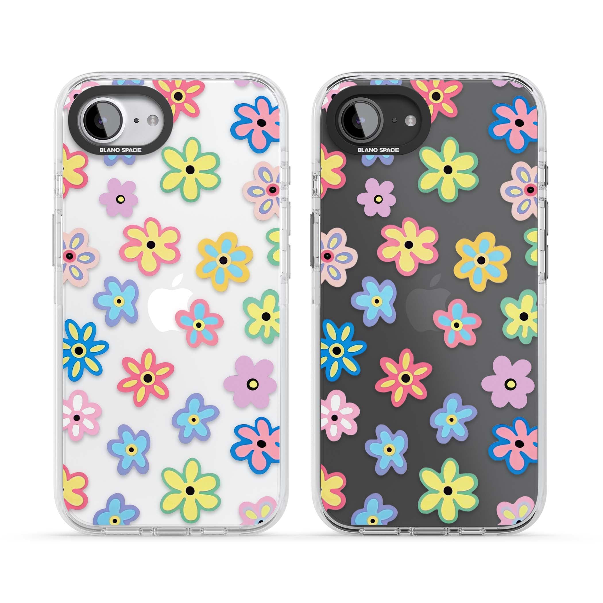 Bloom Pop cottagecore iPhone case featuring multicolor pastel flowers with black centers on clear background | Clear Impact case for iPhone 16e, iPhone 17e