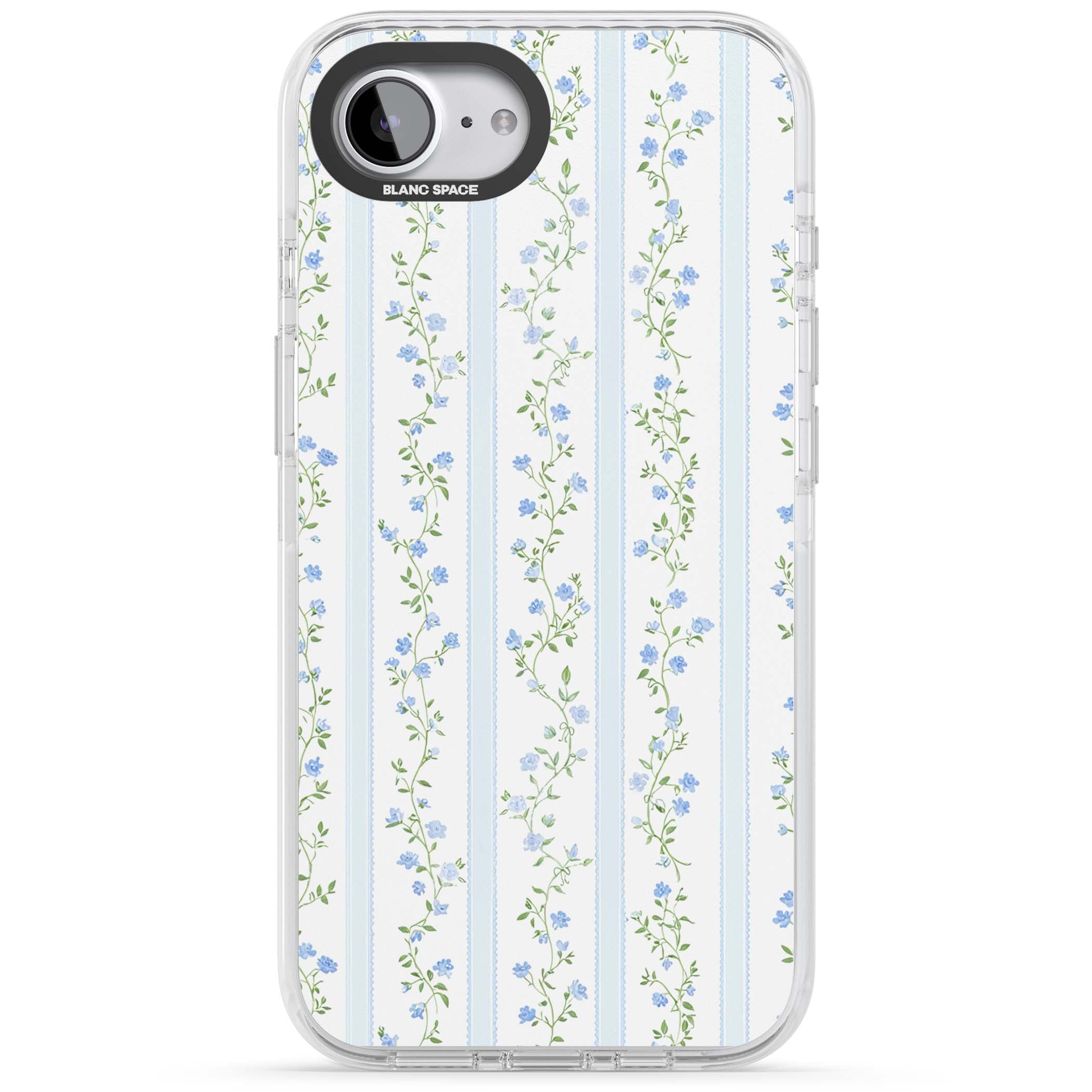 Bluebell Vine cottagecore iPhone case featuring climbing blue roses, trailing green vines, and pale ticking stripes | Clear Impact case for iPhone 16e, iPhone 17e