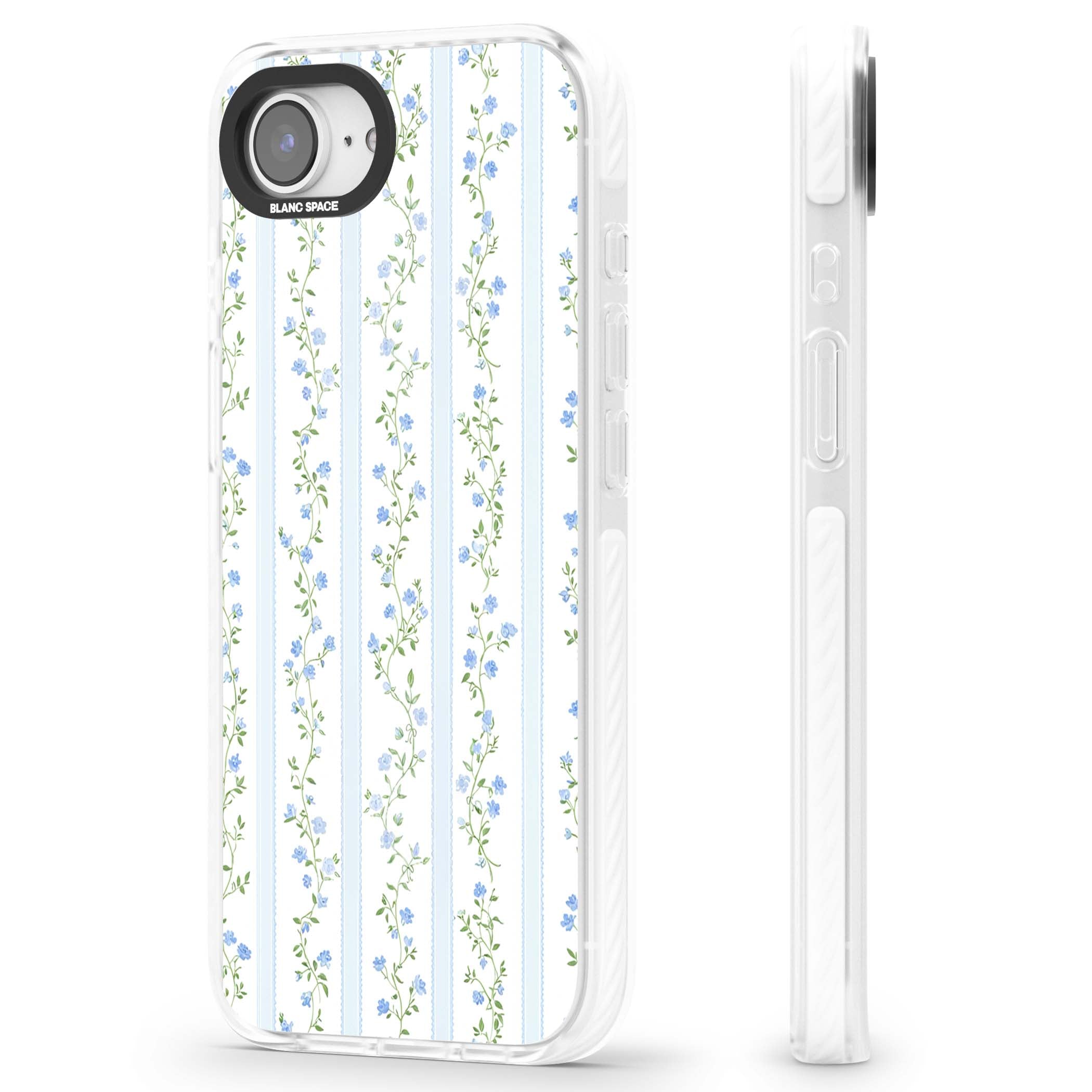 Bluebell Vine cottagecore iPhone case featuring climbing blue roses, trailing green vines, and pale ticking stripes | Clear Impact case for iPhone 16e, iPhone 17e