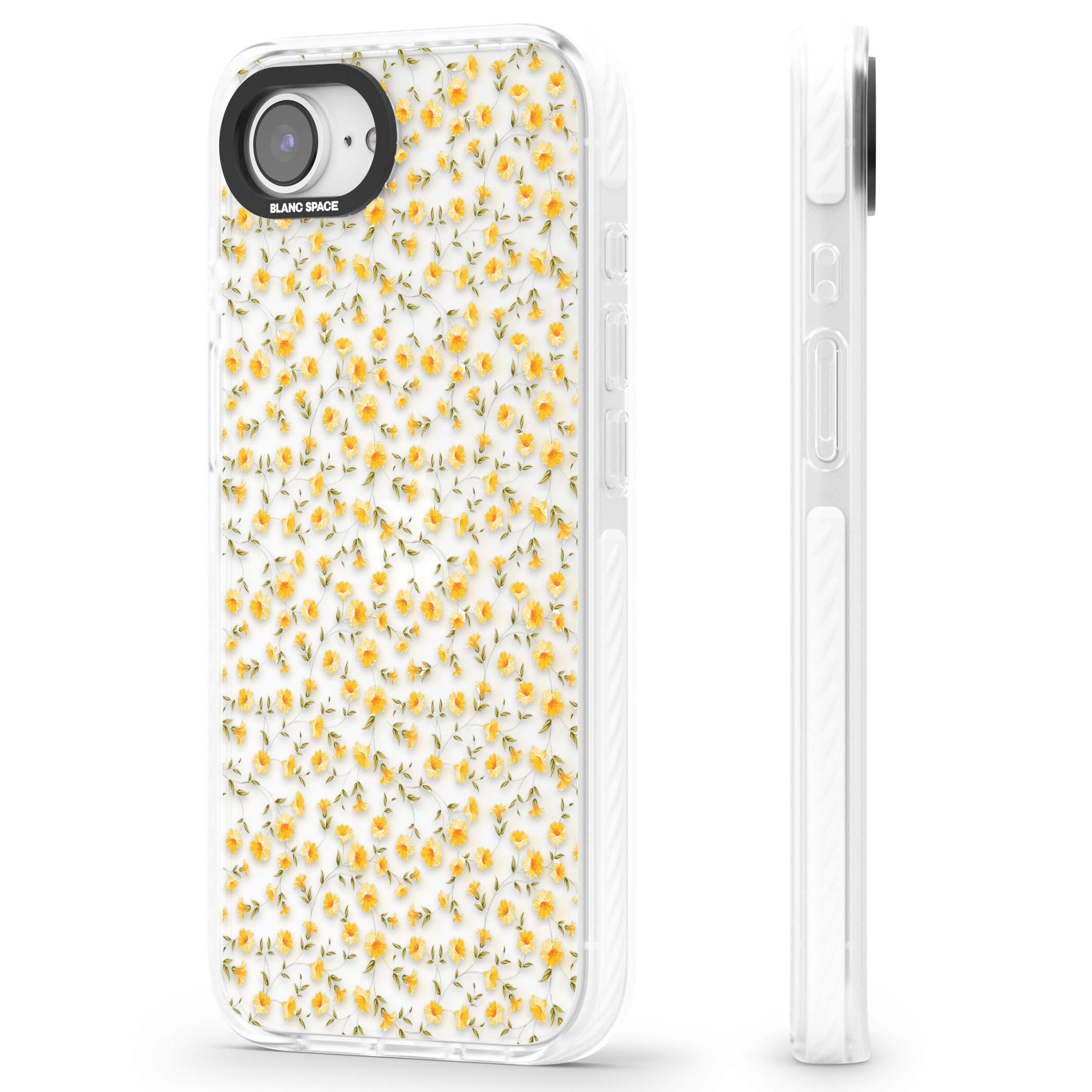 Buttercup wildflower iPhone case featuring tiny yellow flowers and trailing green vines on clear | Clear Impact case for iPhone 16e, iPhone 17e