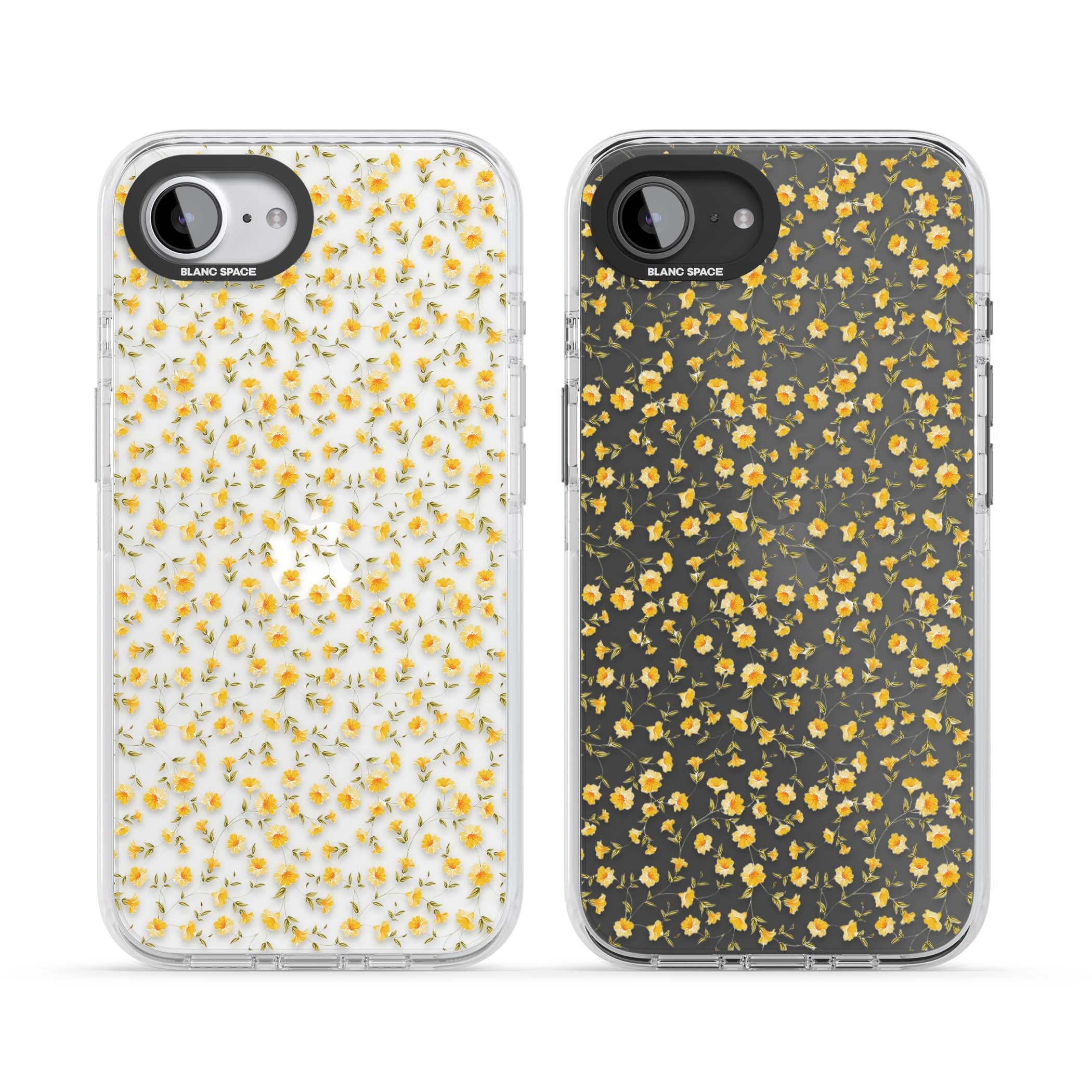 Buttercup wildflower iPhone case featuring tiny yellow flowers and trailing green vines on clear | Clear Impact case for iPhone 16e, iPhone 17e