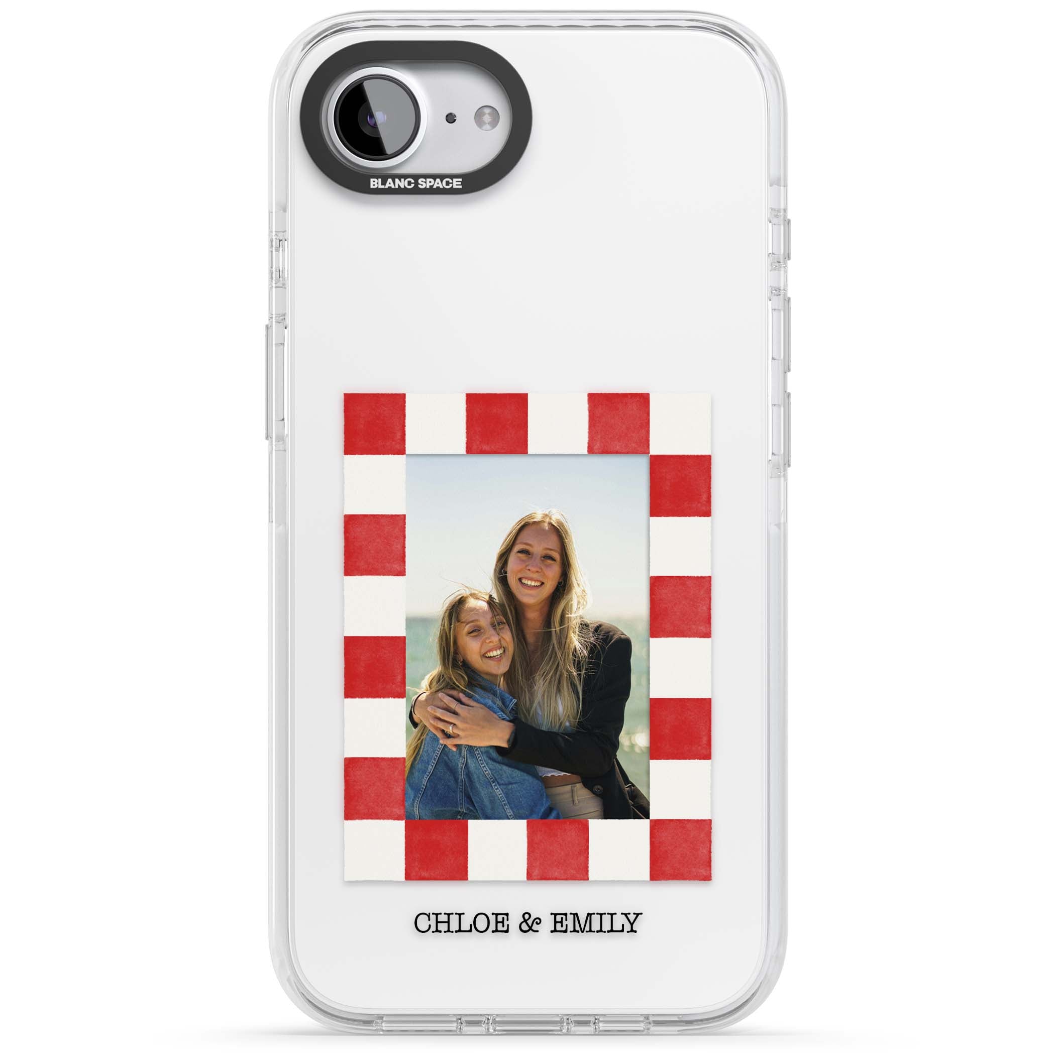 Red Check Photo personalised photo iPhone case with red and white checkered polaroid frame and custom couple name | Clear Impact case for iPhone 16e, iPhone 17e