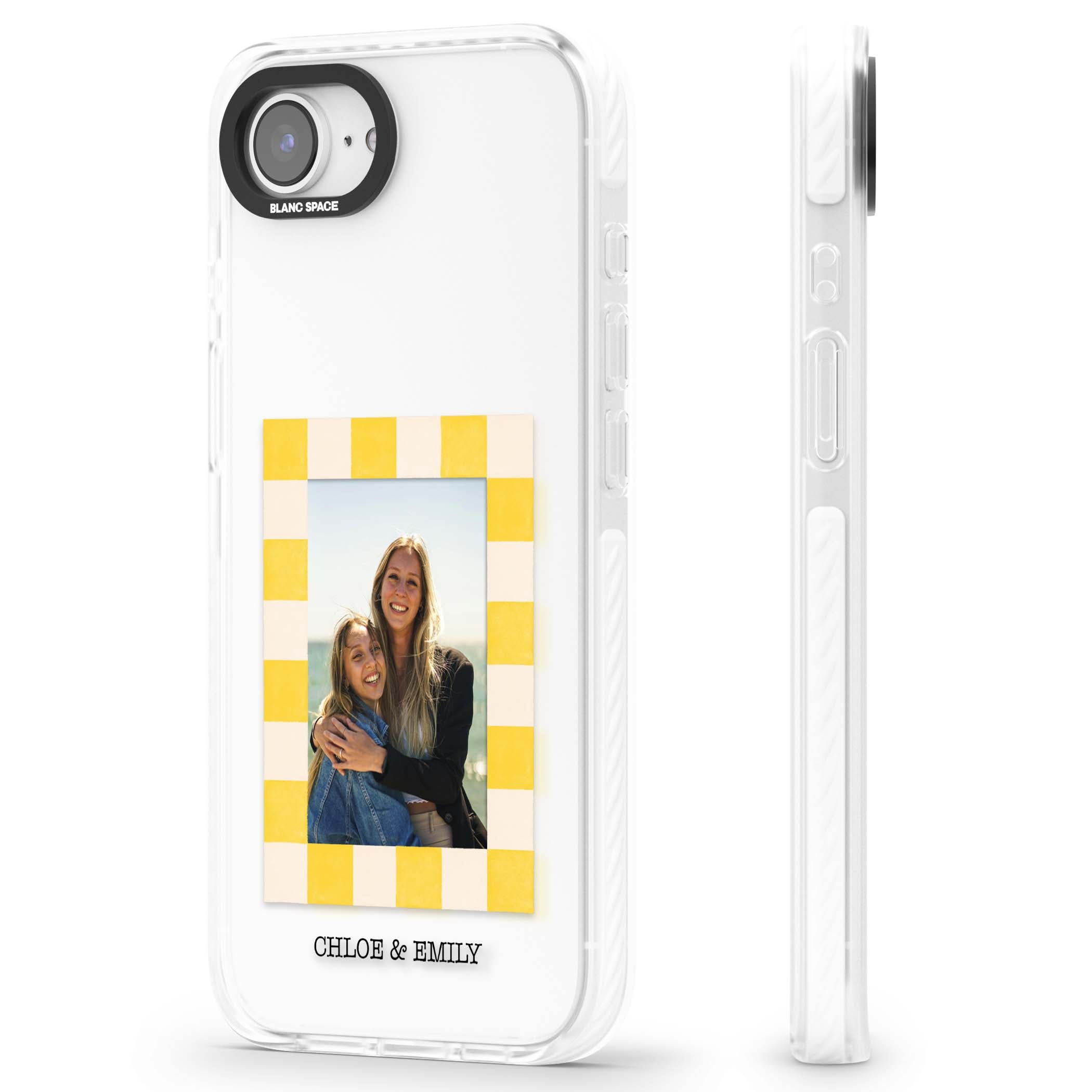 Yellow Check Photo personalised iPhone case with yellow checkered Polaroid frame and custom names beneath | Clear Impact case for iPhone 16e, iPhone 17e