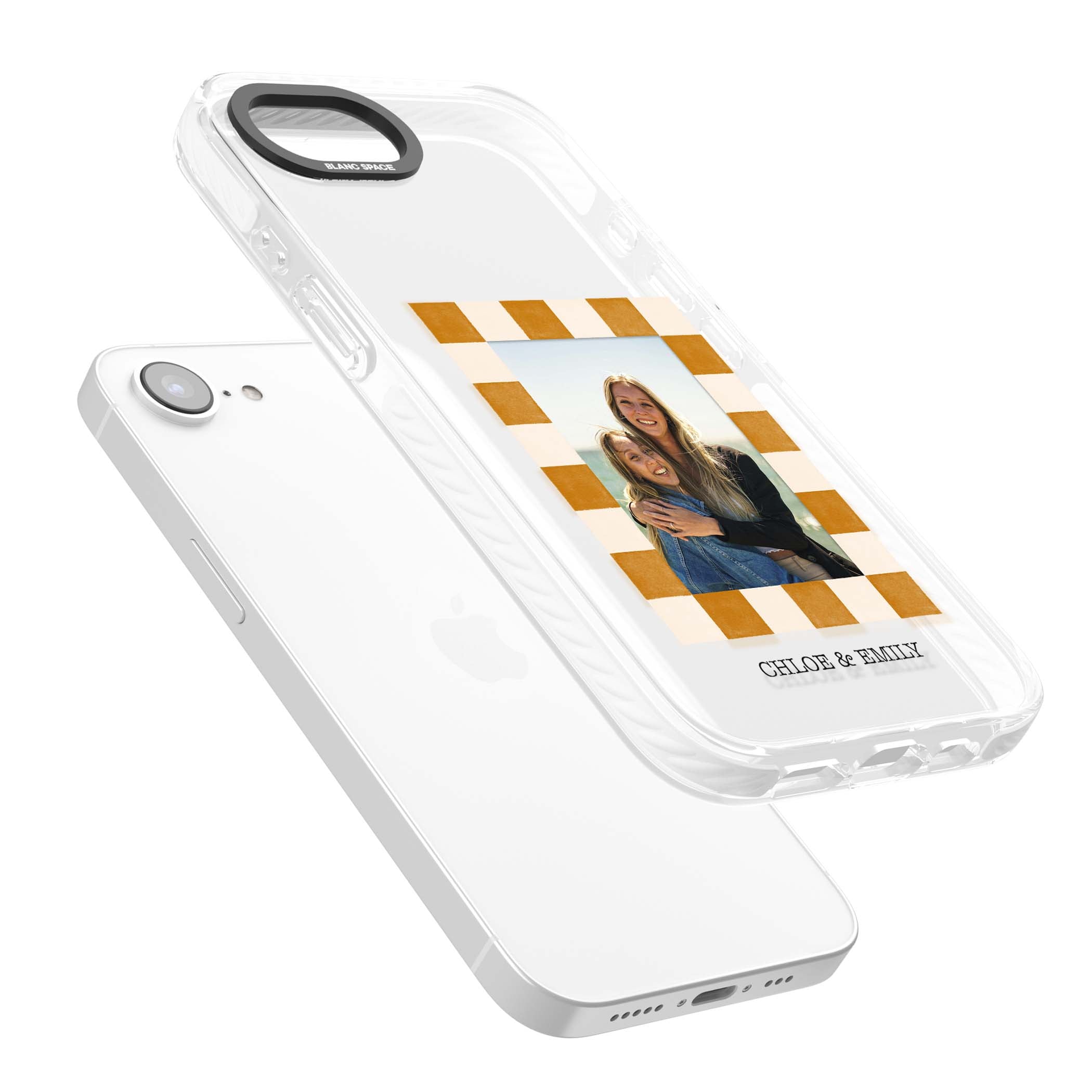 Citrus Check Photo personalised iPhone case with custom photo, orange checkered frame and names underneath | Clear Impact case for iPhone 16e, iPhone 17e