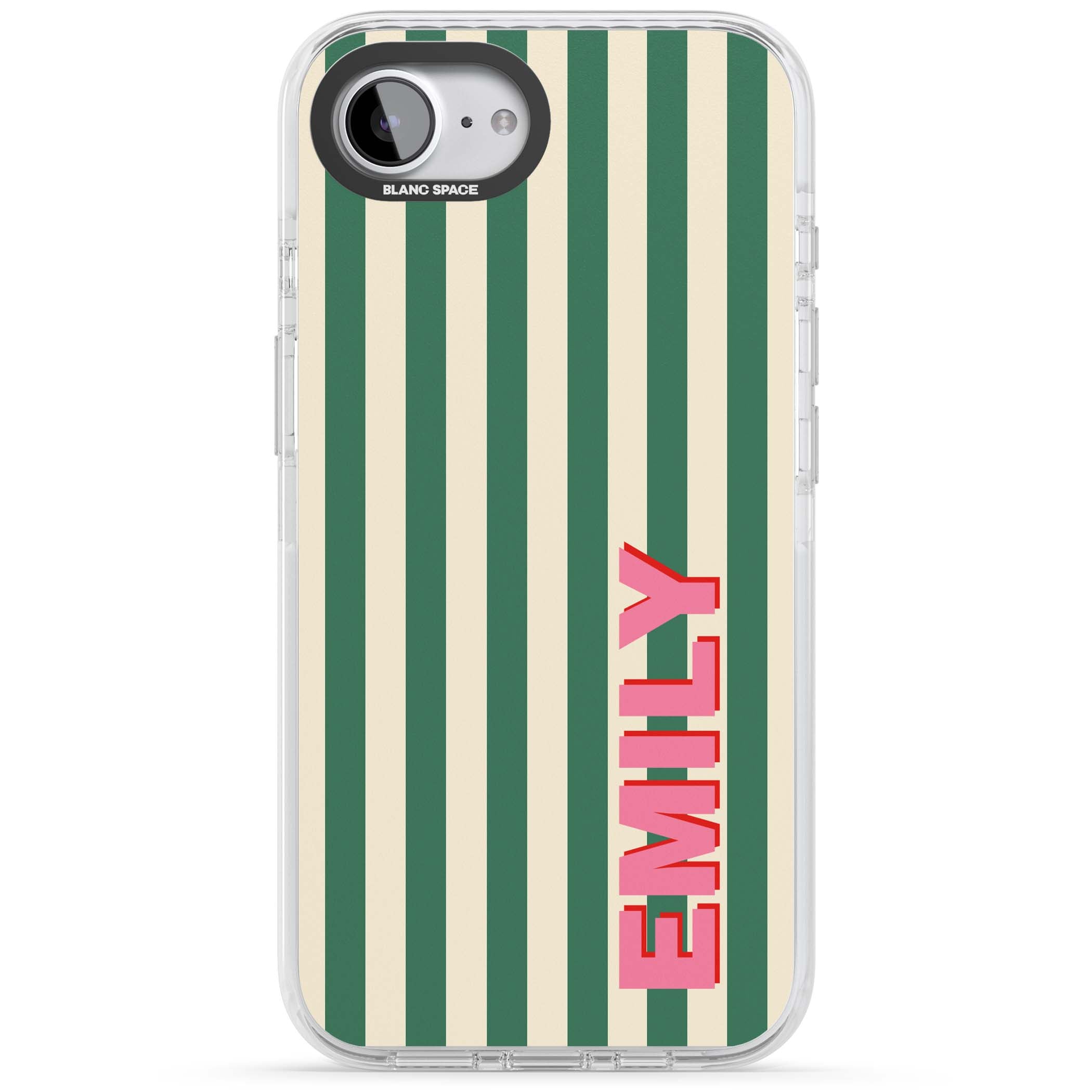 Wimbledon Stripe preppy iPhone case featuring green and cream vertical stripes with a personalised pink name | Clear Impact case for iPhone 16e, iPhone 17e