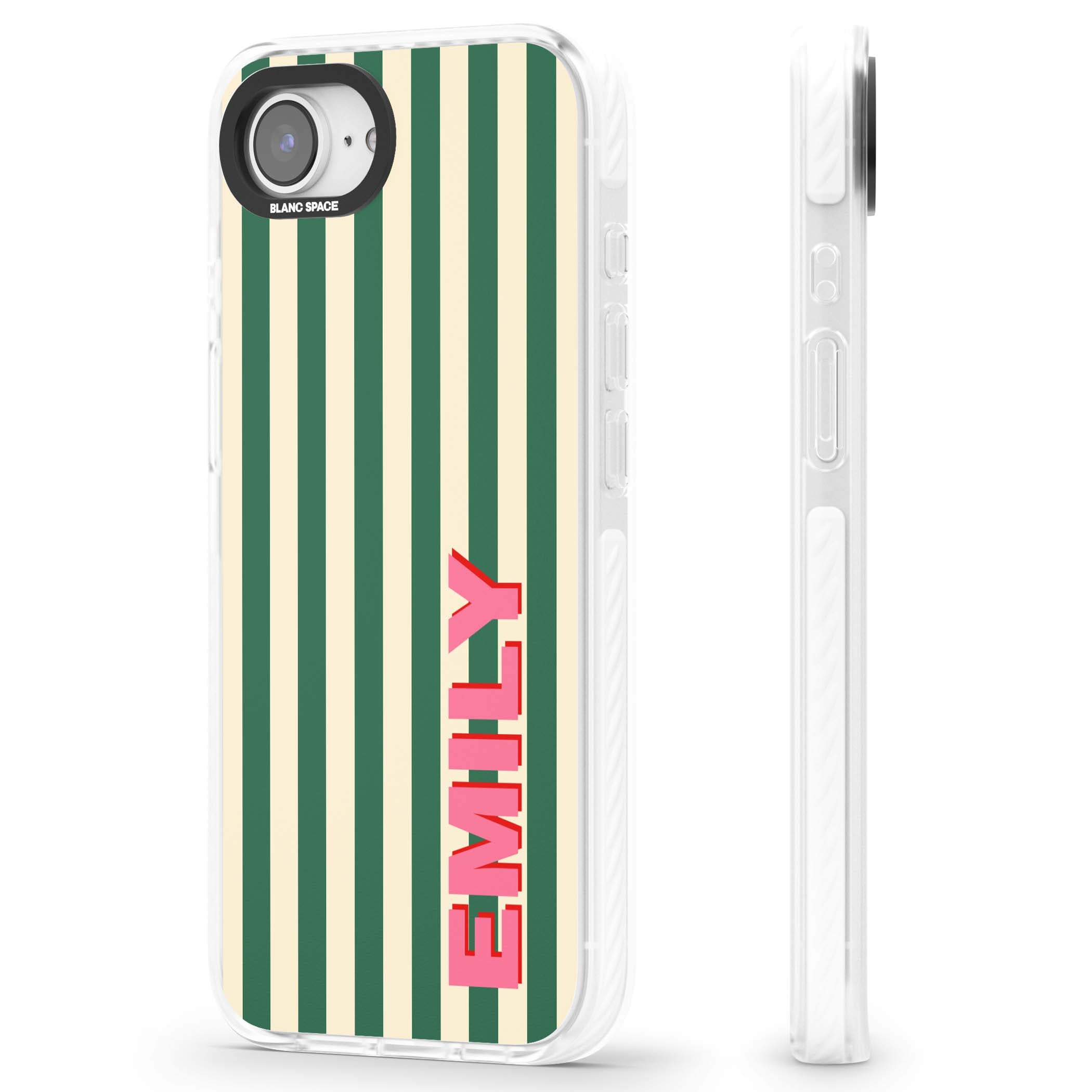 Wimbledon Stripe preppy iPhone case featuring green and cream vertical stripes with a personalised pink name | Clear Impact case for iPhone 16e, iPhone 17e