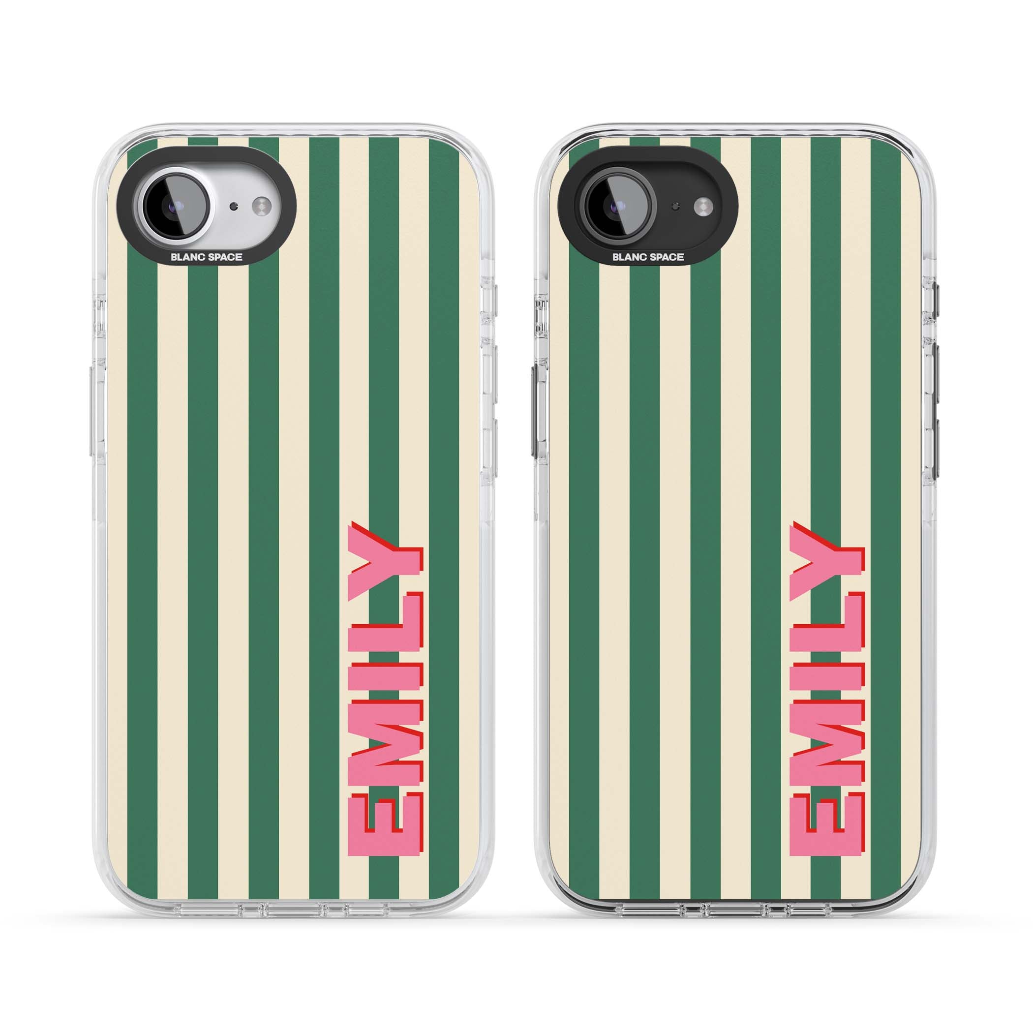 Wimbledon Stripe preppy iPhone case featuring green and cream vertical stripes with a personalised pink name | Clear Impact case for iPhone 16e, iPhone 17e