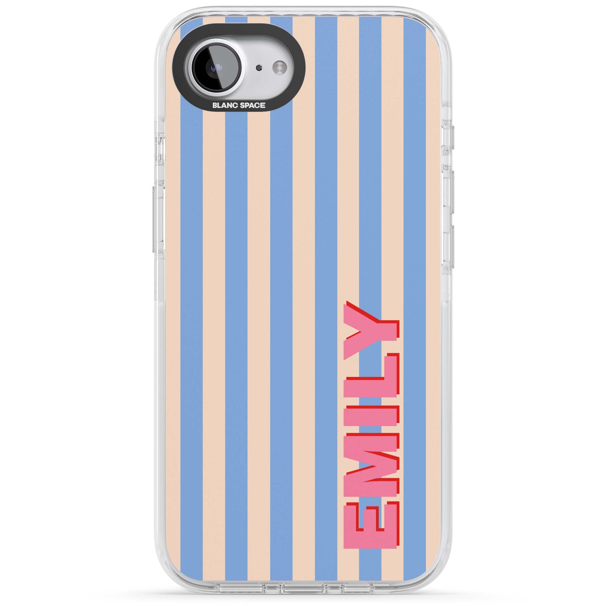 Coastal Stripe personalised coastal iPhone case with blue and peach vertical stripes and custom pink name | Clear Impact case for iPhone 16e, iPhone 17e