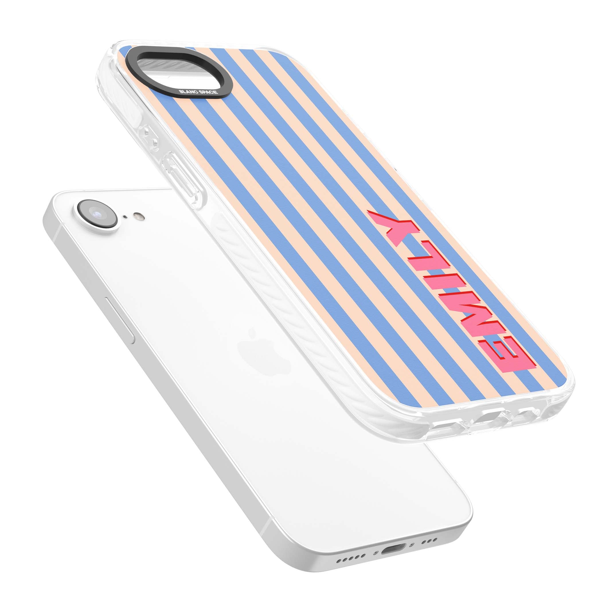 Coastal Stripe personalised coastal iPhone case with blue and peach vertical stripes and custom pink name | Clear Impact case for iPhone 16e, iPhone 17e