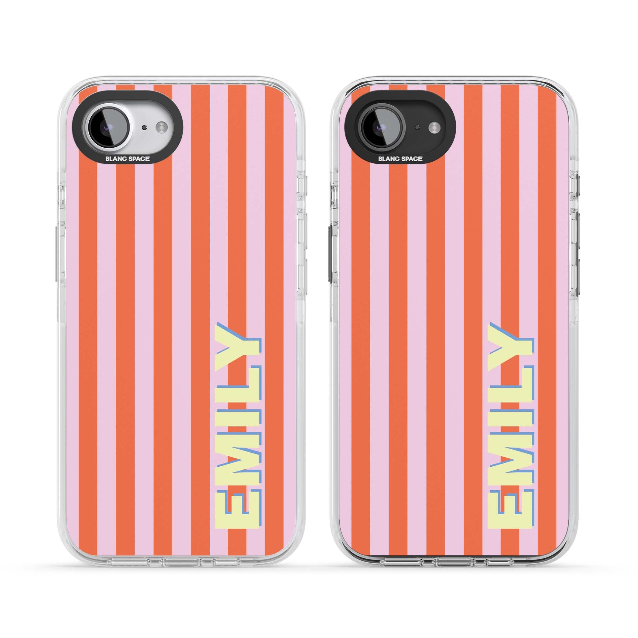 Havana Stripe personalised iPhone case featuring pink and orange vertical stripes with a custom yellow name | Clear Impact case for iPhone 16e, iPhone 17e