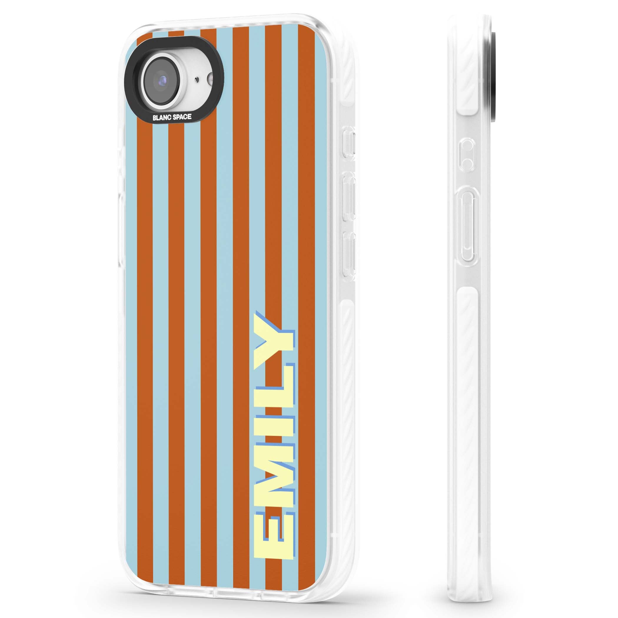Cappadocia Stripe personalised coastal iPhone case featuring blue and orange vertical stripes with custom cream name | Clear Impact case for iPhone 16e, iPhone 17e