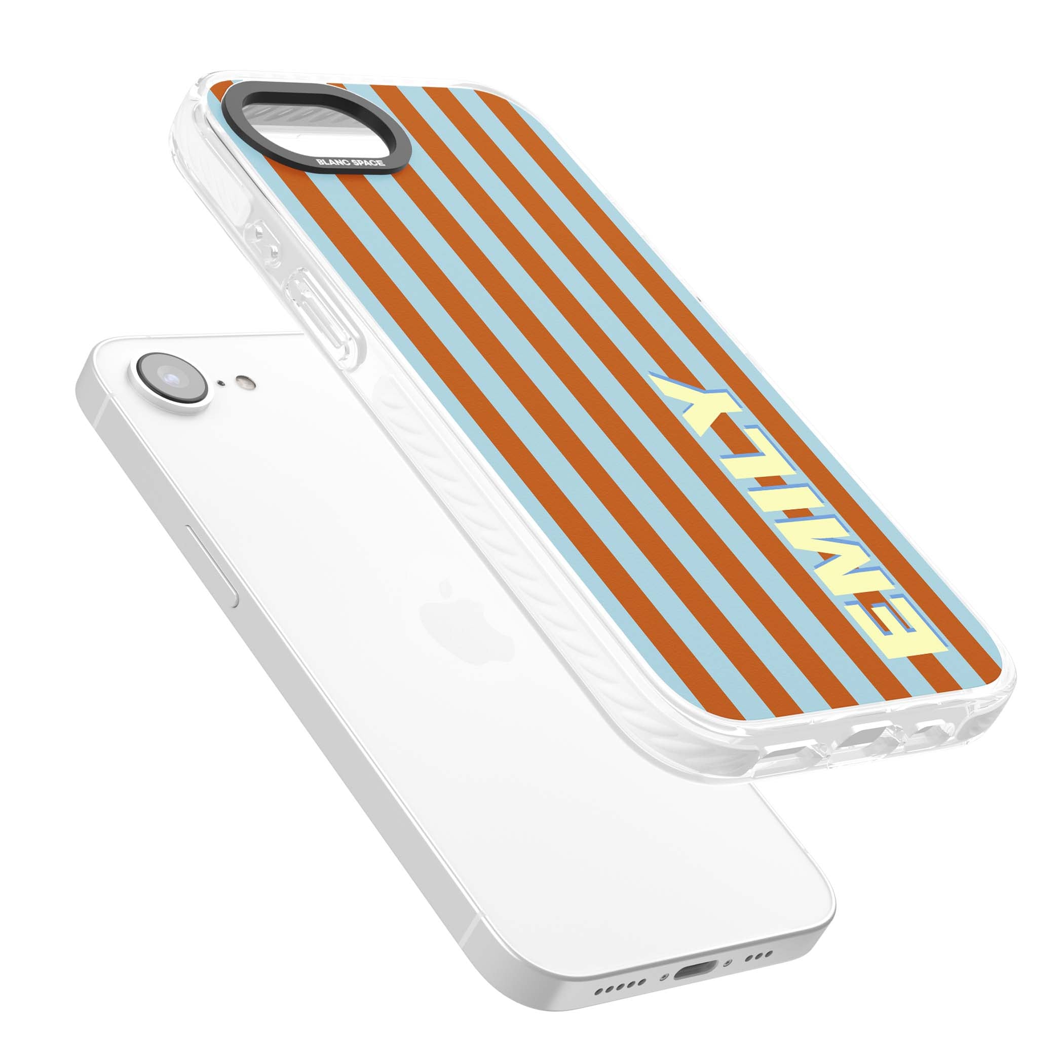 Cappadocia Stripe personalised coastal iPhone case featuring blue and orange vertical stripes with custom cream name | Clear Impact case for iPhone 16e, iPhone 17e