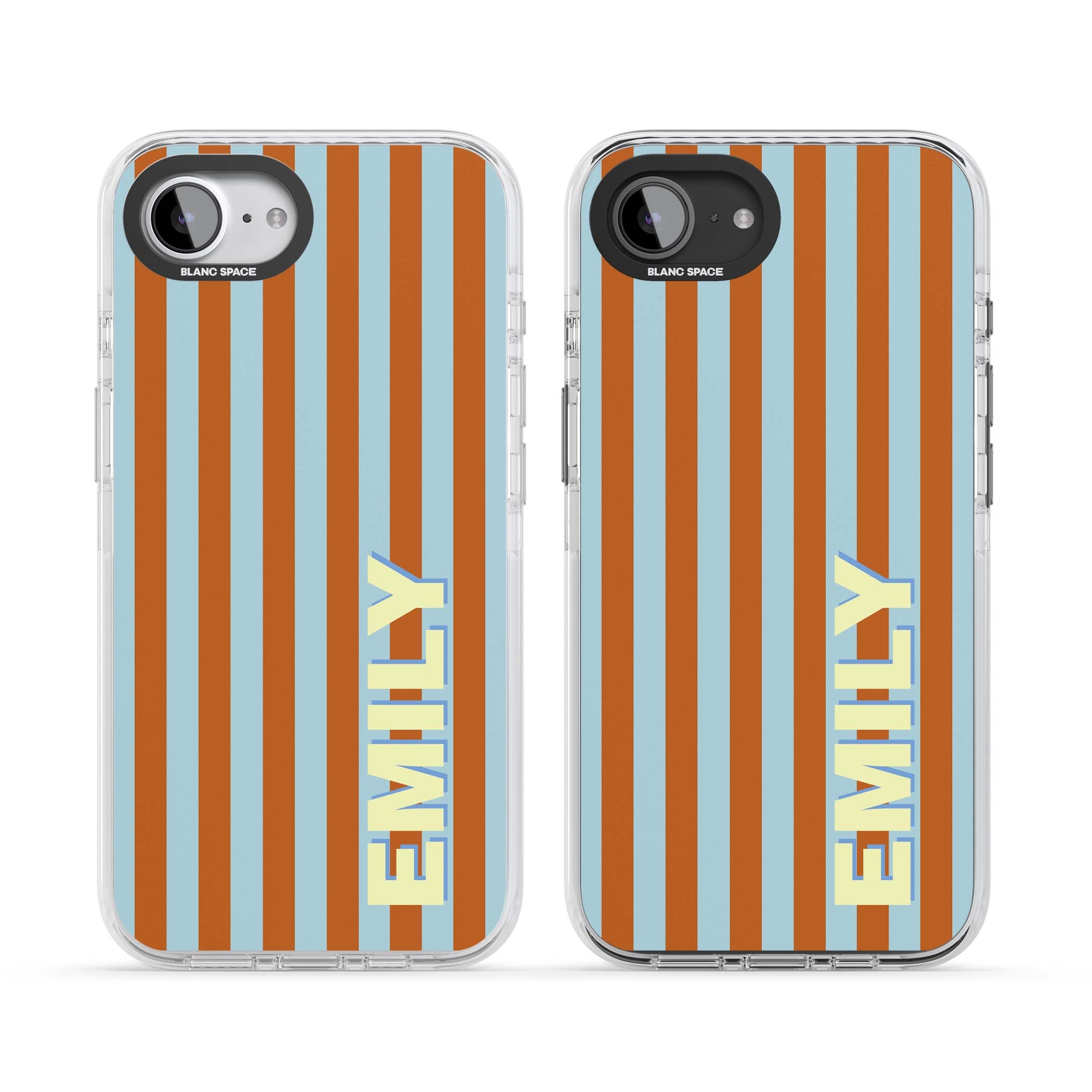 Cappadocia Stripe personalised coastal iPhone case featuring blue and orange vertical stripes with custom cream name | Clear Impact case for iPhone 16e, iPhone 17e