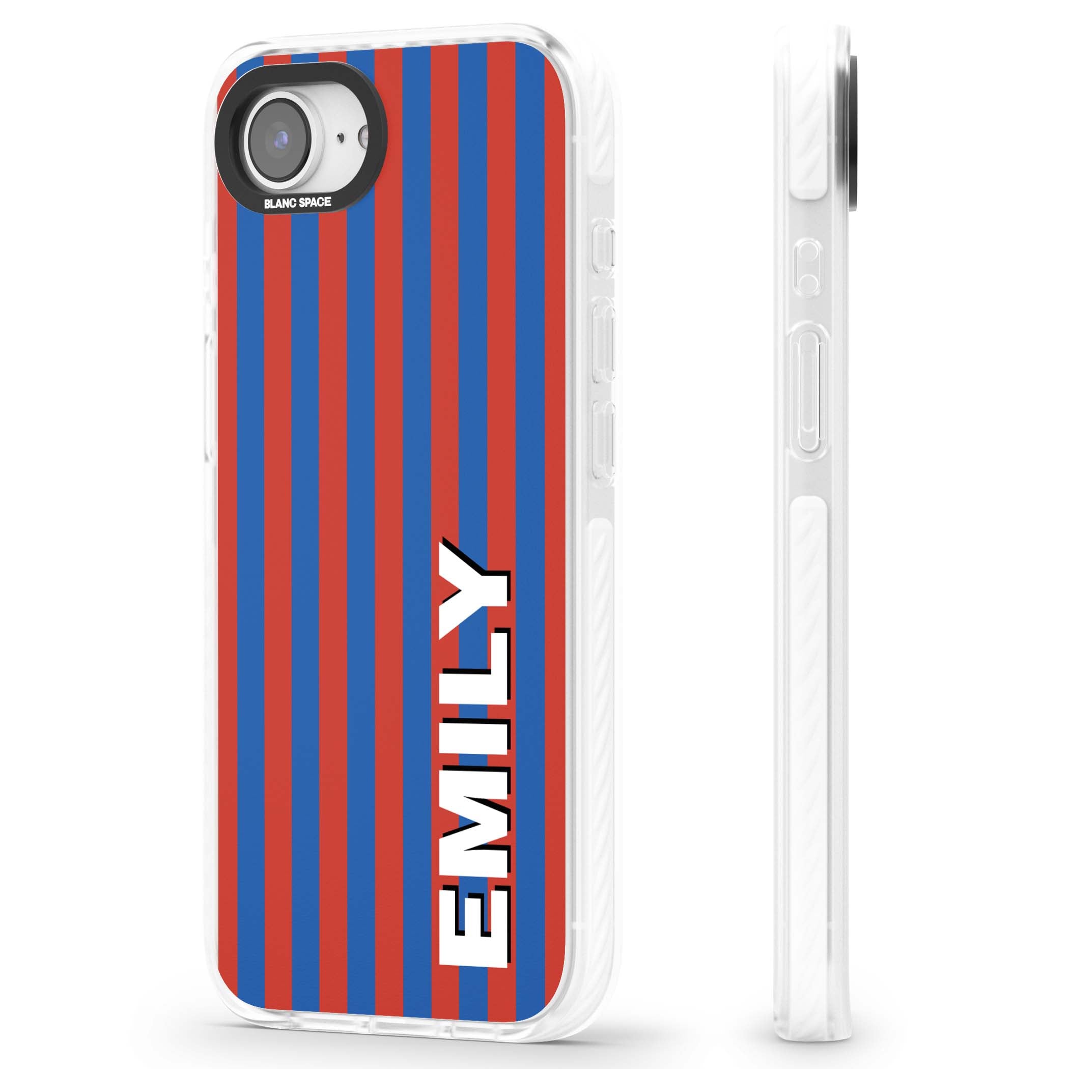 Cuban Stripe personalised iPhone case featuring red and blue vertical stripes with custom name in bold white letters | Clear Impact case for iPhone 16e, iPhone 17e