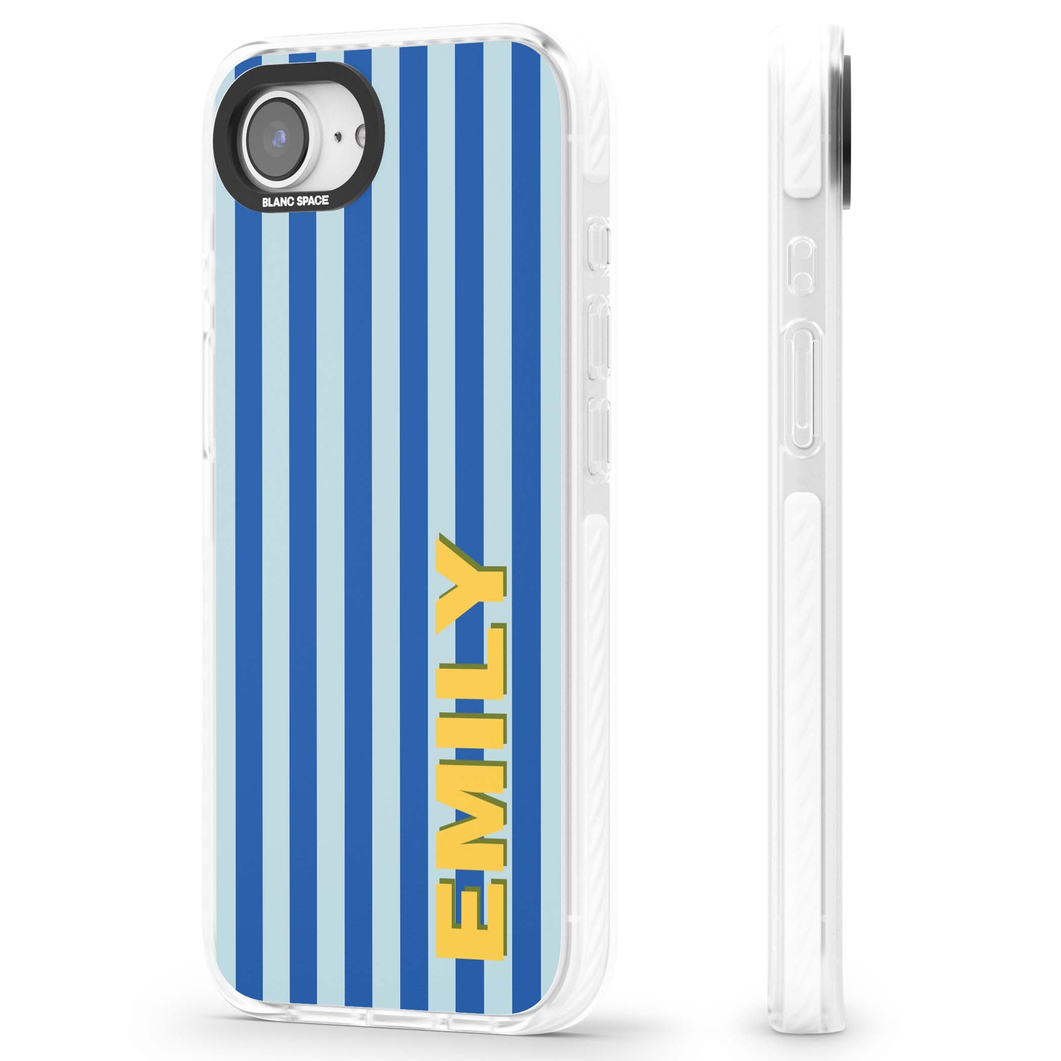 Athenian Stripe personalised preppy iPhone case featuring blue vertical stripes and a custom yellow name | Clear Impact case for iPhone 16e, iPhone 17e