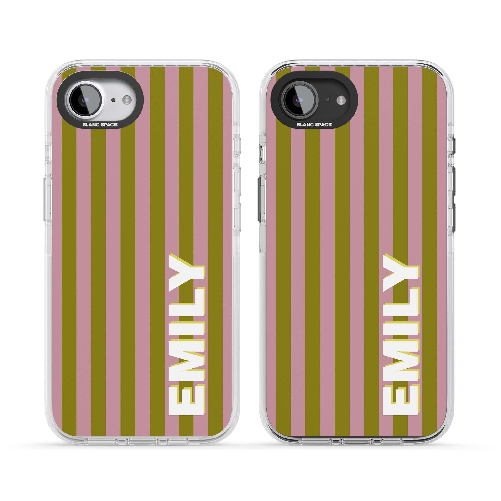 Istanbul Stripe personalised iPhone case featuring pink and olive green vertical stripes with a custom vertical name | Clear Impact case for iPhone 16e, iPhone 17e