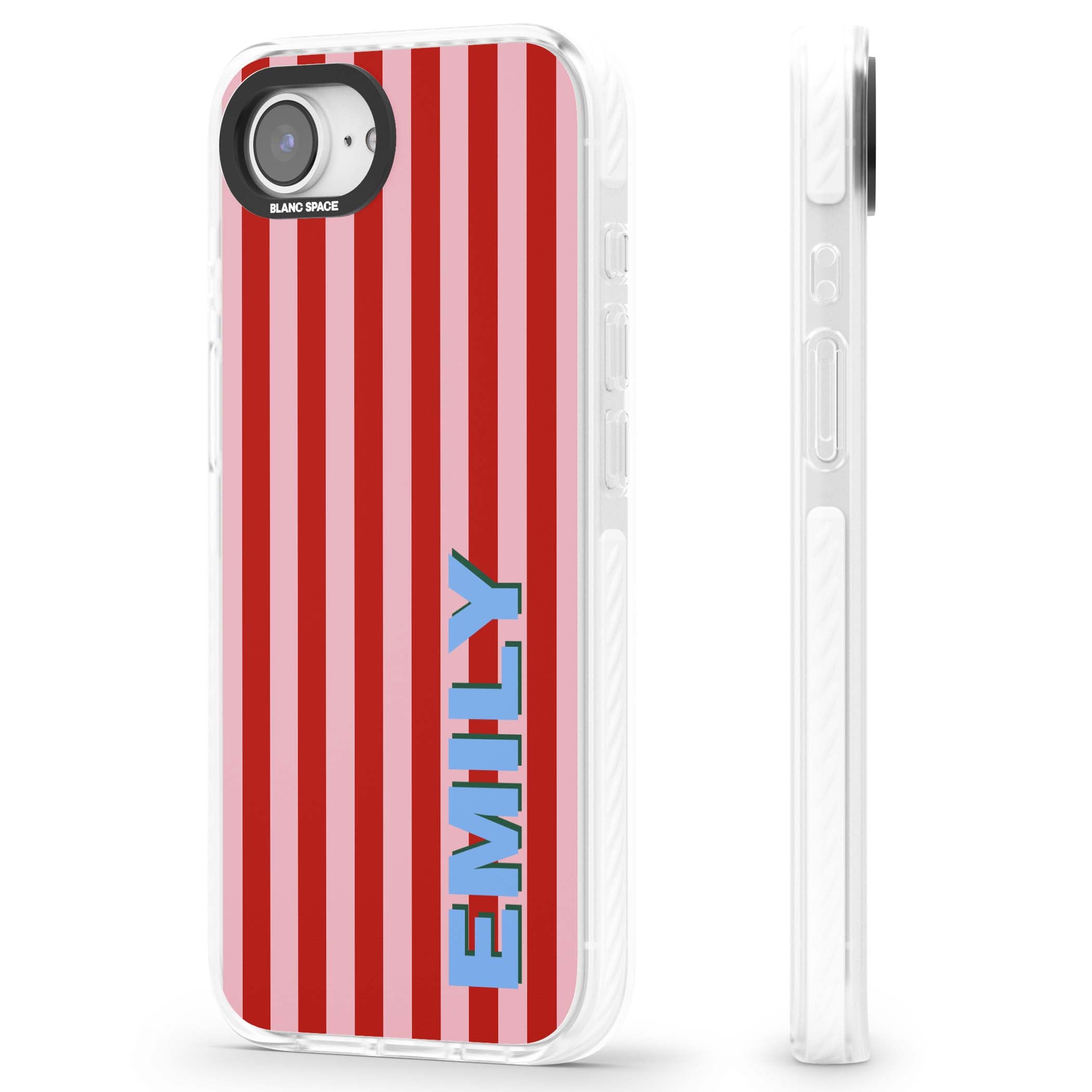 Market Stripe personalised iPhone case with red and pink vertical stripes and custom blue name | Clear Impact case for iPhone 16e, iPhone 17e
