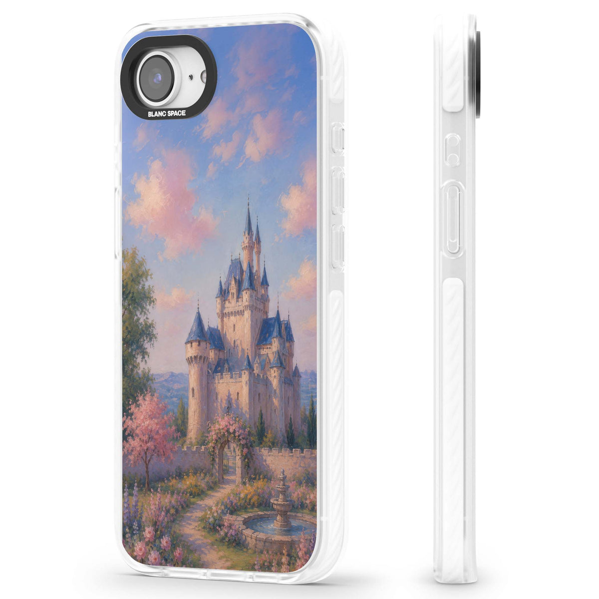 Enchanted Kingdom fairytale iPhone case featuring a romantic castle painting with cherry blossoms and pastel pink sky | Clear Impact case for iPhone 16e, iPhone 17e