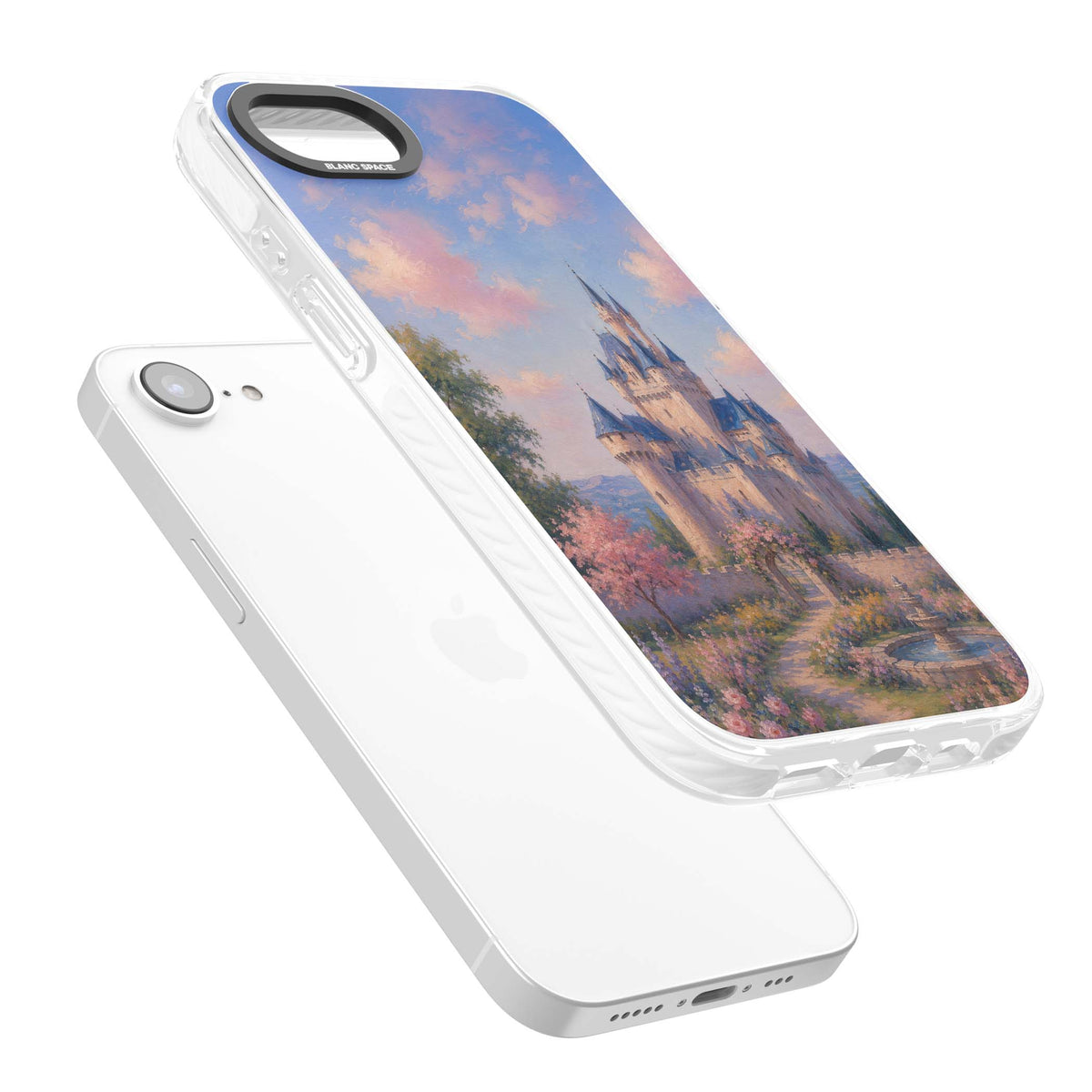 Enchanted Kingdom fairytale iPhone case featuring a romantic castle painting with cherry blossoms and pastel pink sky | Clear Impact case for iPhone 16e, iPhone 17e
