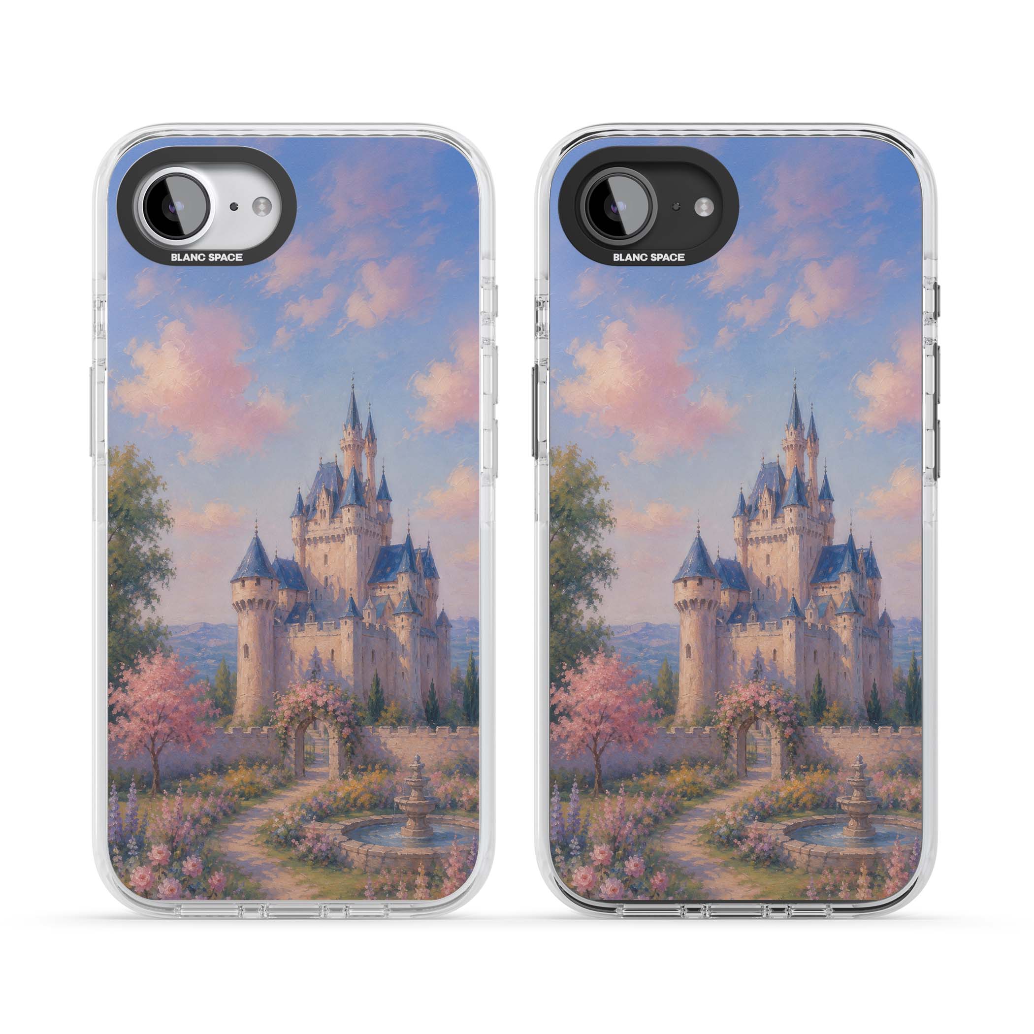 Enchanted Kingdom fairytale iPhone case featuring a romantic castle painting with cherry blossoms and pastel pink sky | Clear Impact case for iPhone 16e, iPhone 17e