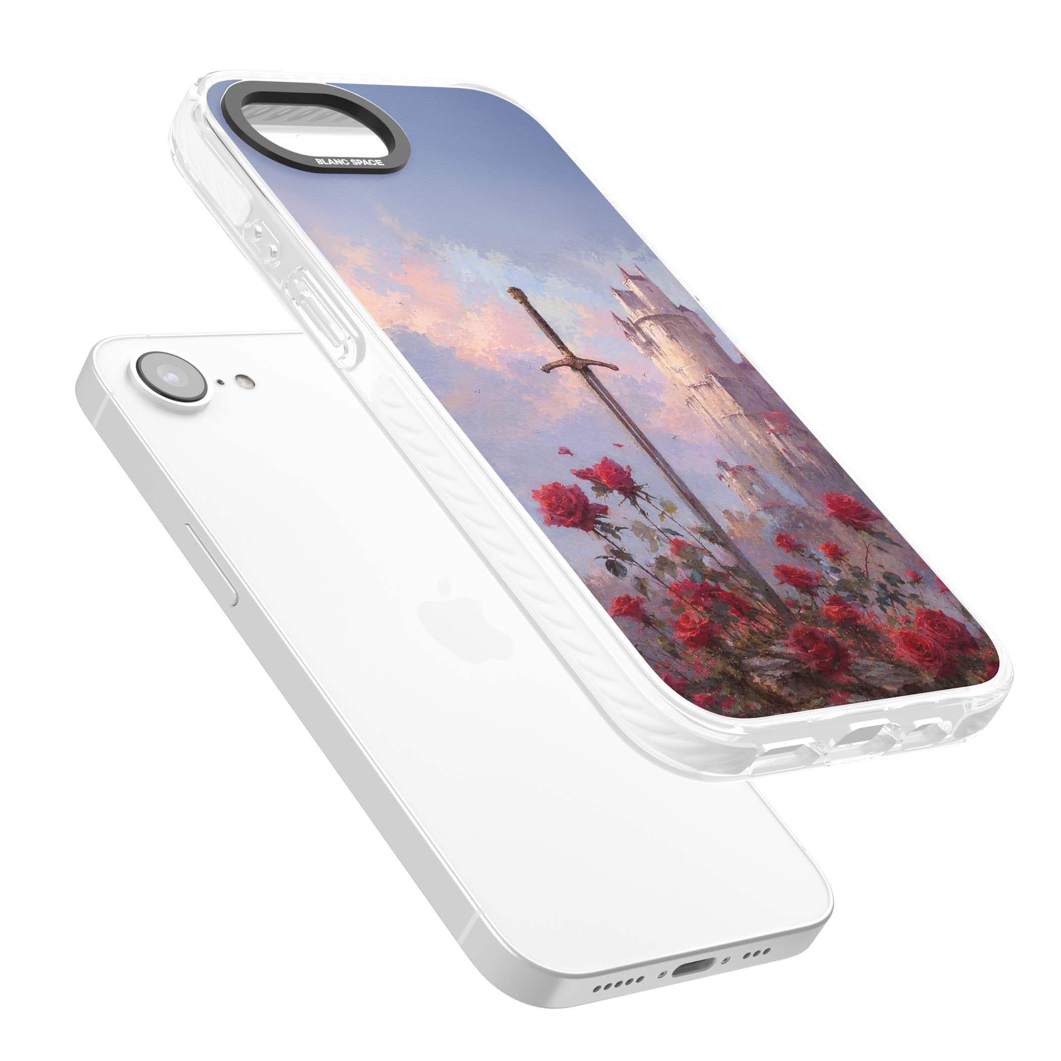 Sword in Roses medieval art iPhone case featuring a sword, red roses, and a misty fairytale castle at sunset | Clear Impact case for iPhone 16e, iPhone 17e