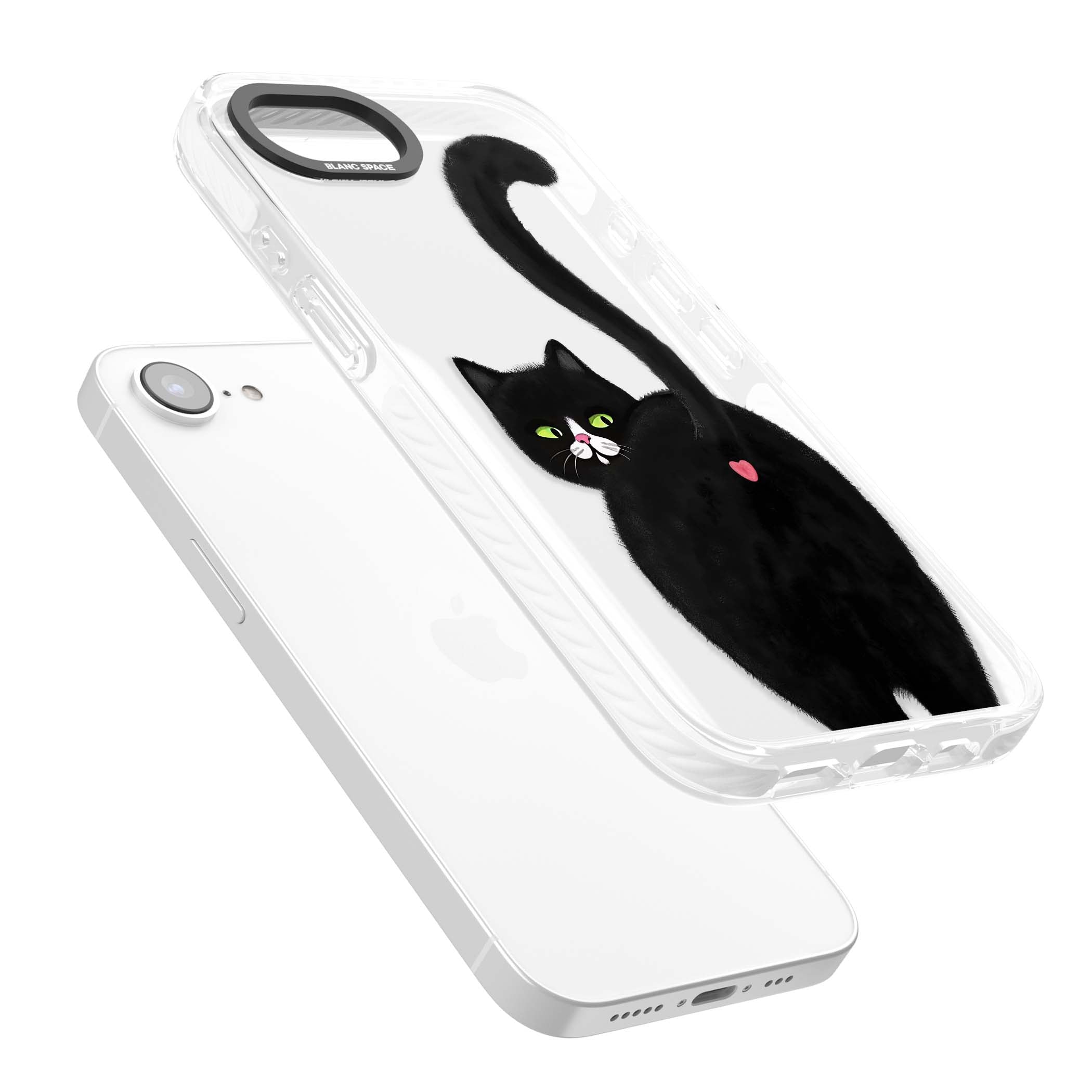 The Cat's Kiss cute cat iPhone case featuring a hand-painted tuxedo kitty with green eyes and a pink heart on a clear | Clear Impact case for iPhone 16e, iPhone 17e