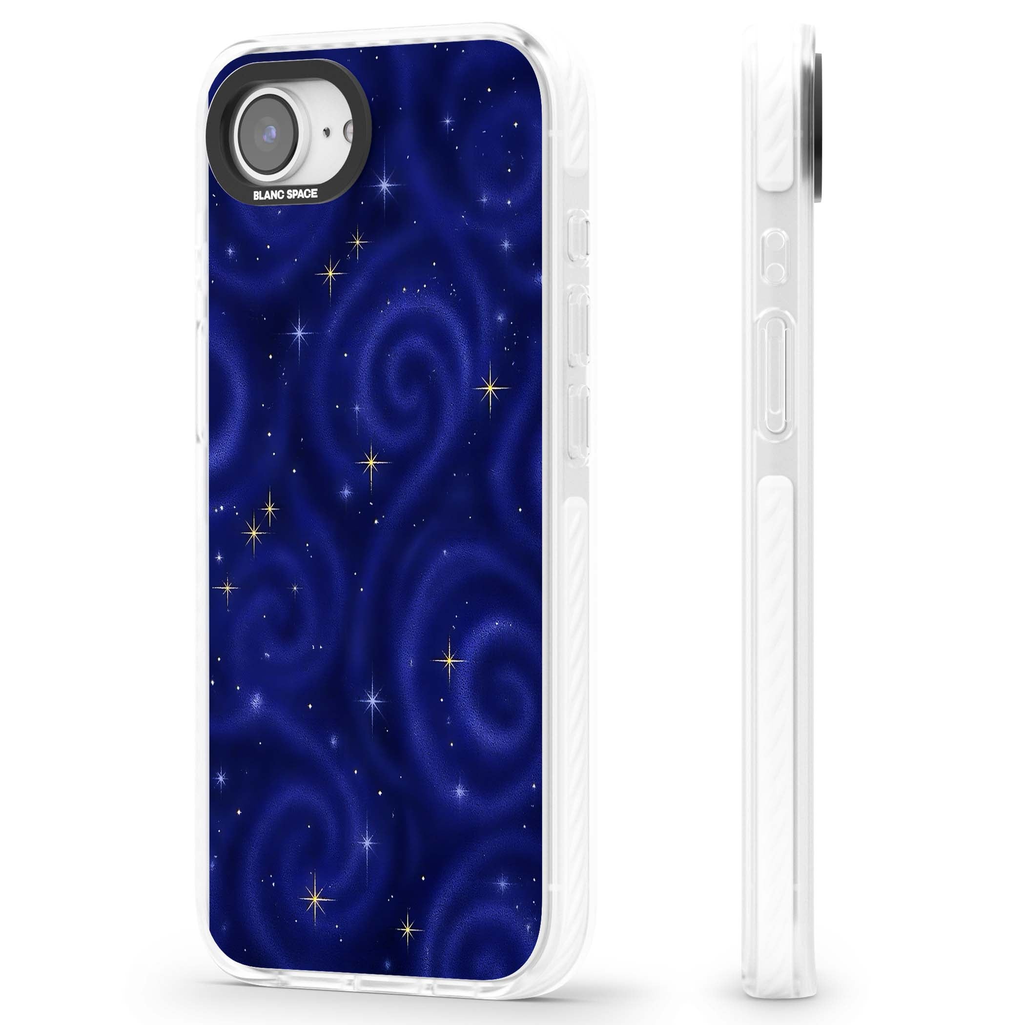 Indigo Cosmos celestial iPhone case featuring swirling navy night sky and sparkling golden stars | Clear Impact case for iPhone 16e, iPhone 17e