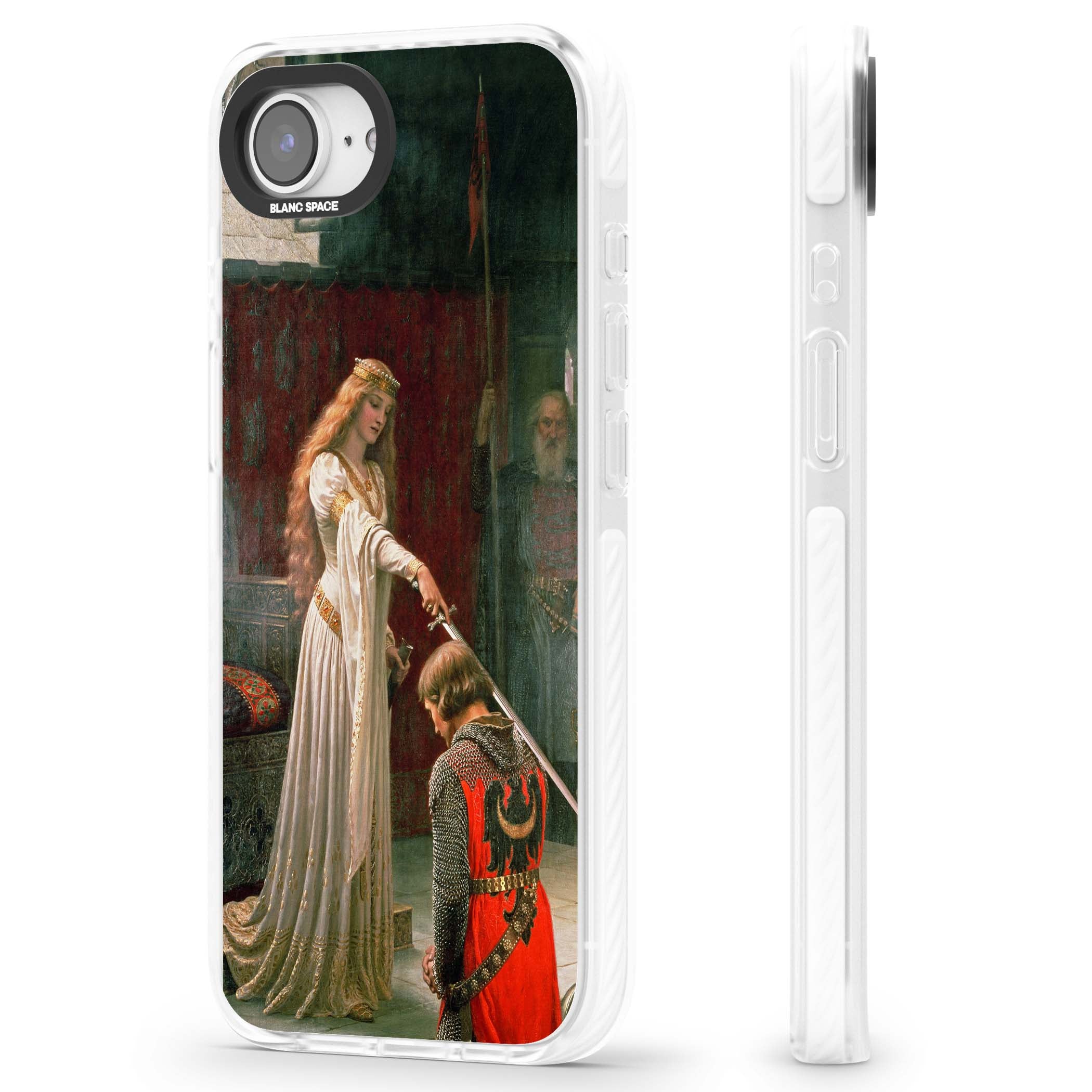 The Accolade renaissance art iPhone case featuring Edmund Blair Leighton's painting of a queen knighting a kneeling knight | Clear Impact case for iPhone 16e, iPhone 17e