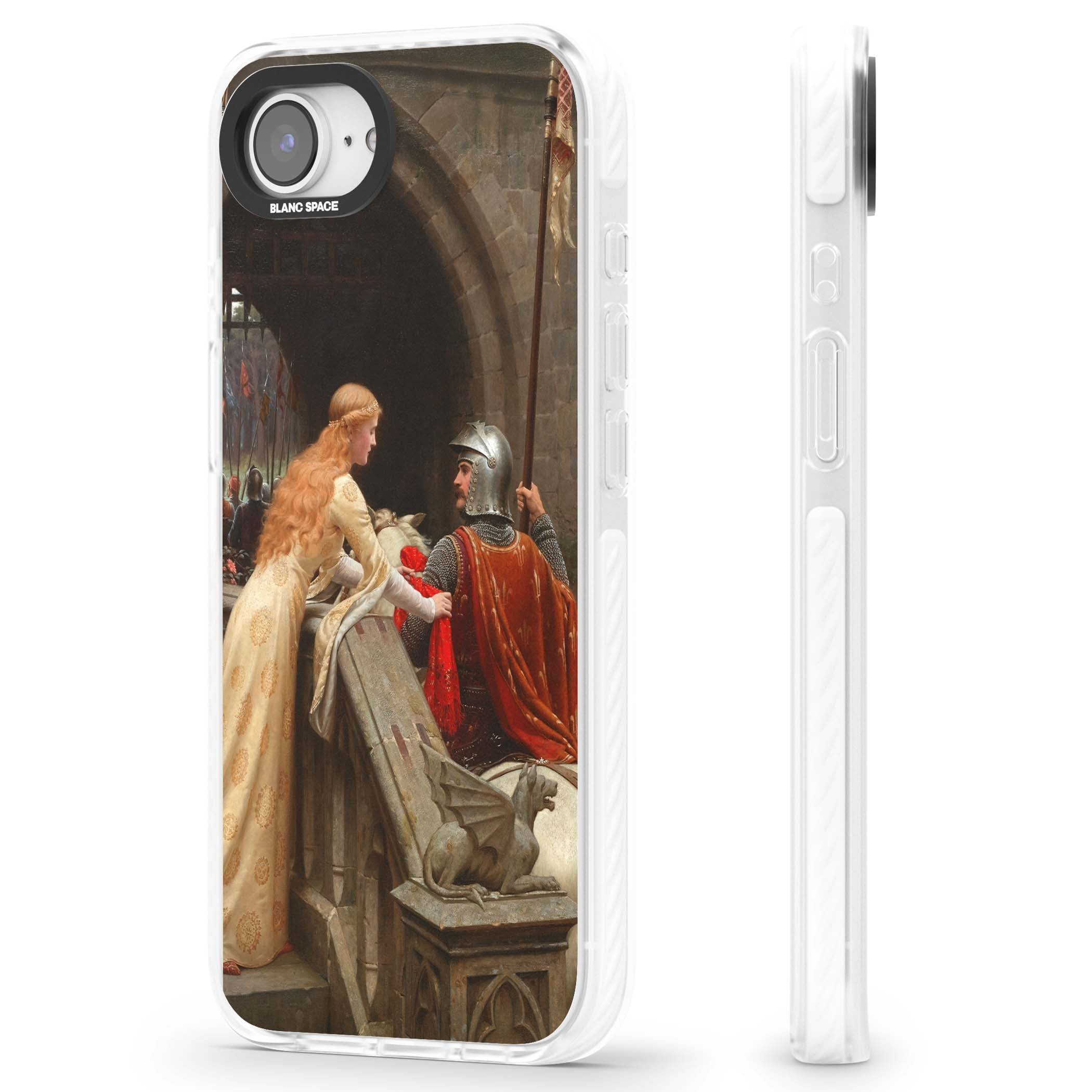 God Speed fine art iPhone case featuring Edmund Blair Leighton's medieval knight and lady beneath a stone archway | Clear Impact case for iPhone 16e, iPhone 17e