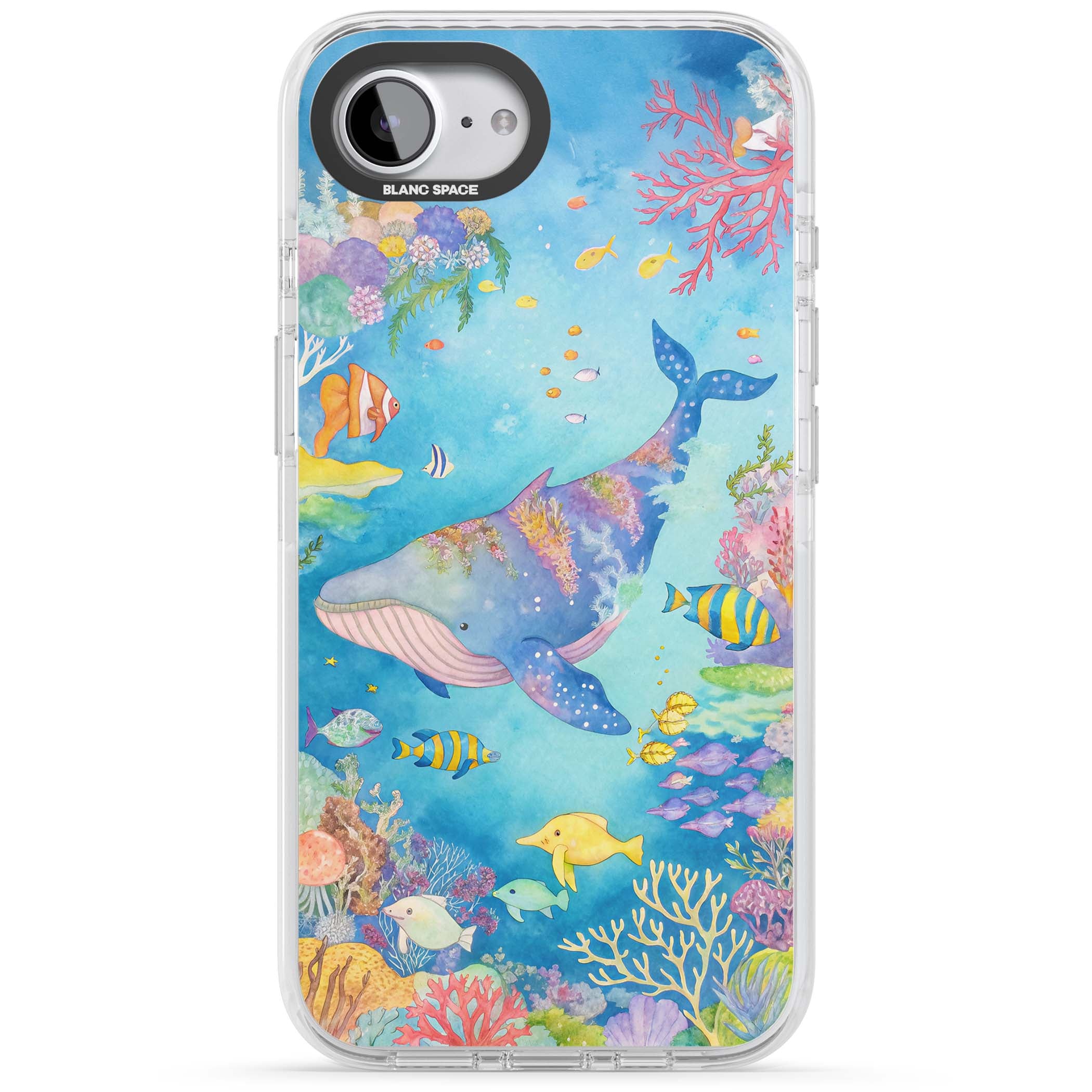 Coral Lagoon ocean iPhone case featuring a watercolour whale, coral reef and tropical fish | Clear Impact case for iPhone 16e, iPhone 17e
