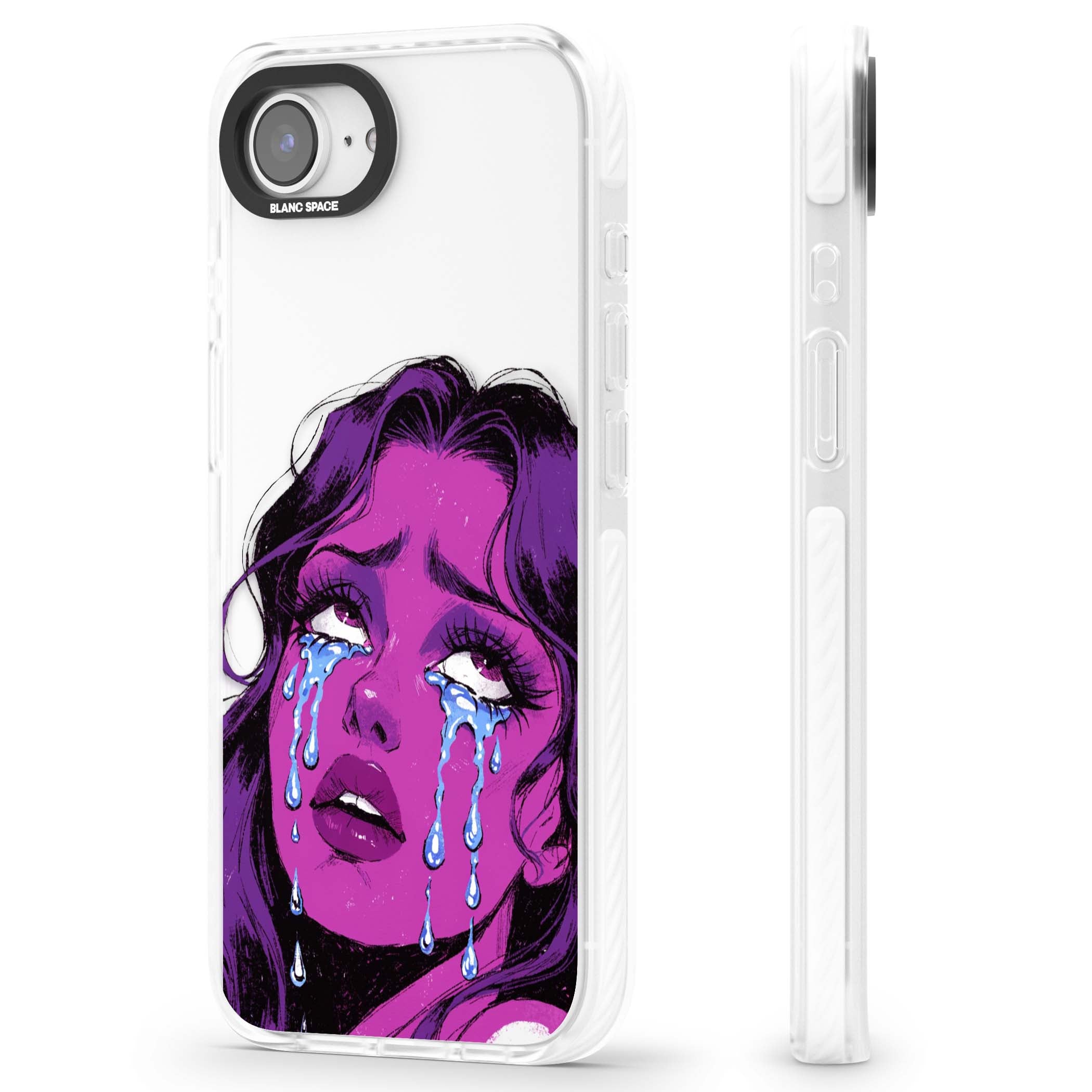 Drama Queen pop art iPhone case featuring a purple crying comic girl with blue tears | Clear Impact case for iPhone 16e, iPhone 17e