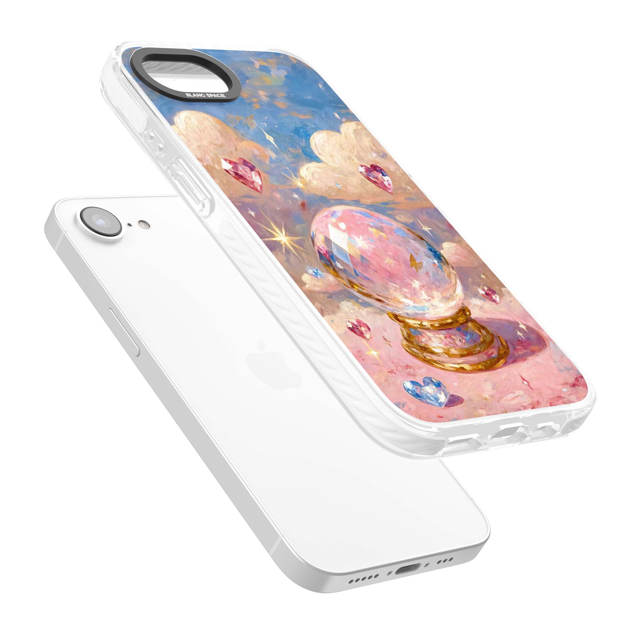 Crystal Ball fairycore iPhone case featuring a painted crystal ball, heart gemstones, and pastel clouds | Clear Impact case for iPhone 16e, iPhone 17e