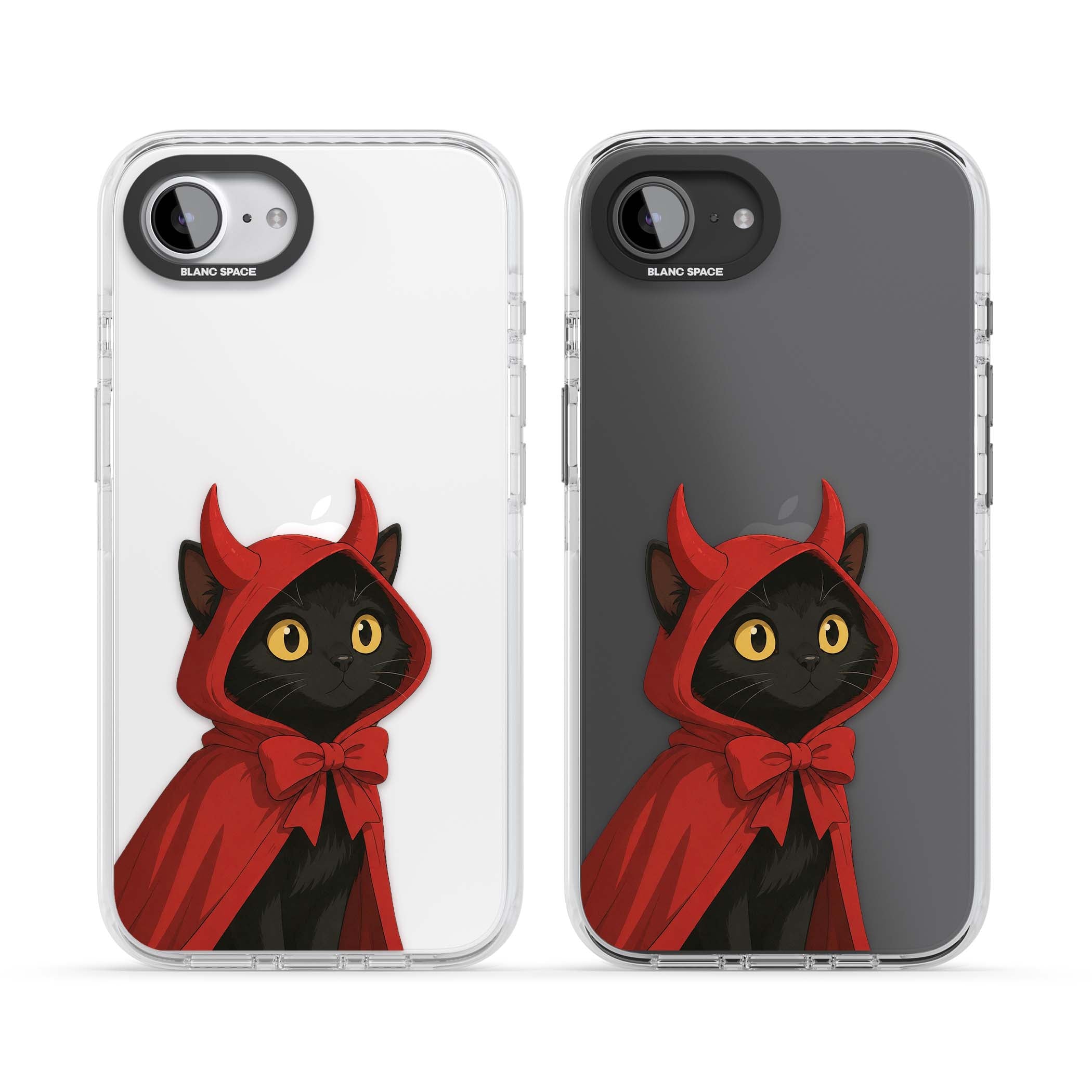 Little Devil halloween iPhone case featuring a black cat in a red hooded devil cloak with horns and golden eyes | Clear Impact case for iPhone 16e, iPhone 17e