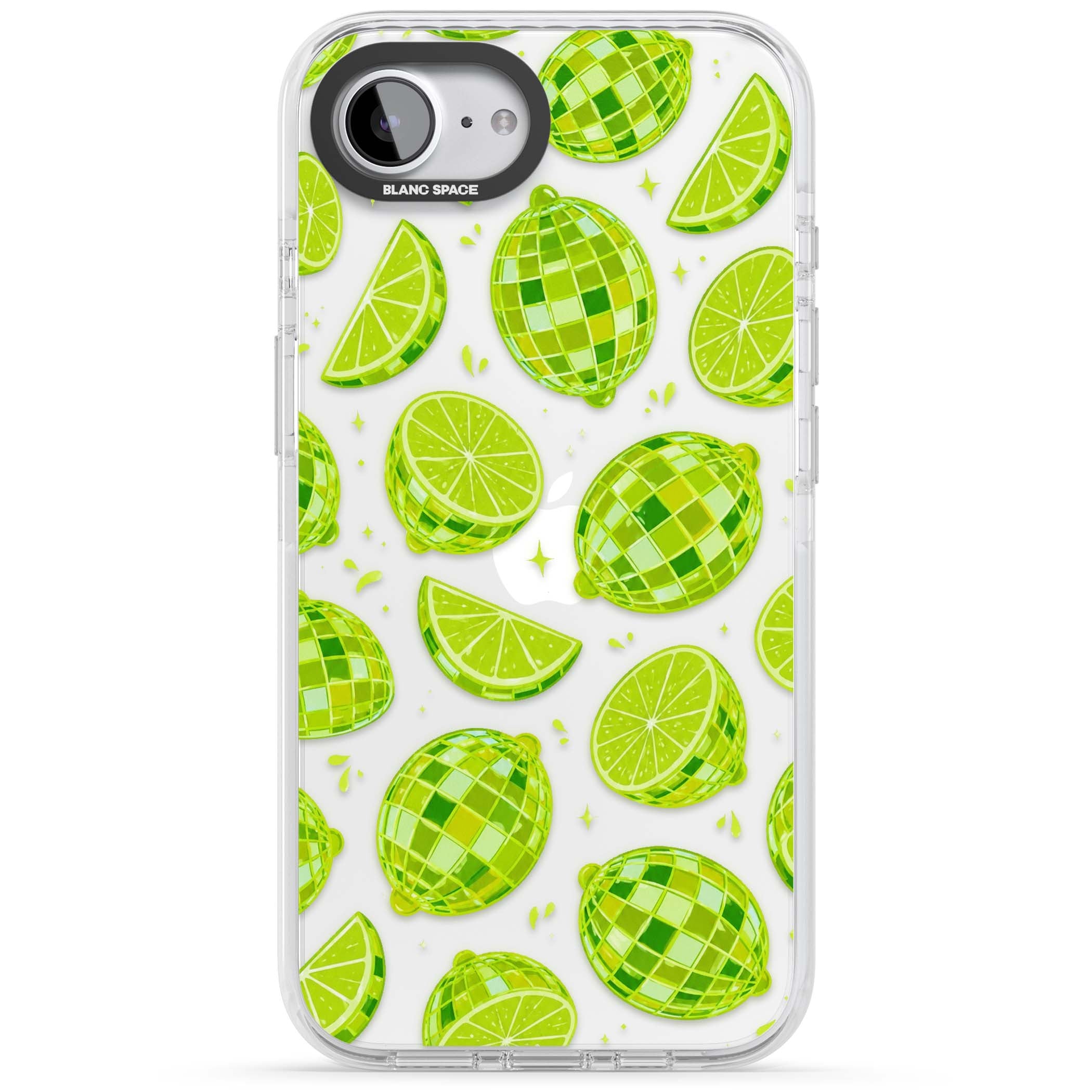 Disco Limes fruit aesthetic iPhone case featuring green disco balls, lime slices and citrus sparkles | Clear Impact case for iPhone 16e, iPhone 17e