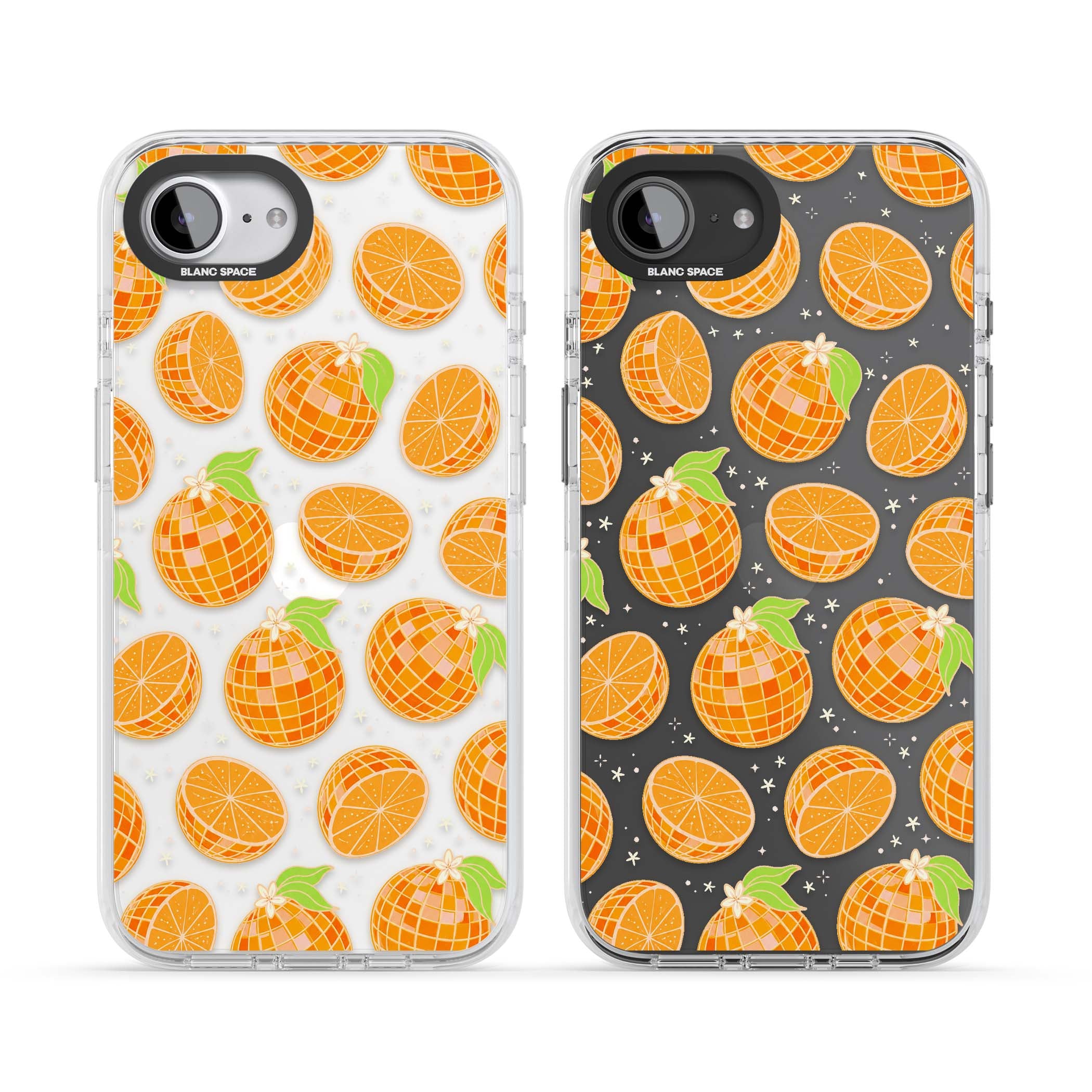 Disco Oranges retro iPhone case featuring mirrorball oranges, citrus slices and tiny blossoms on clear | Clear Impact case for iPhone 16e, iPhone 17e