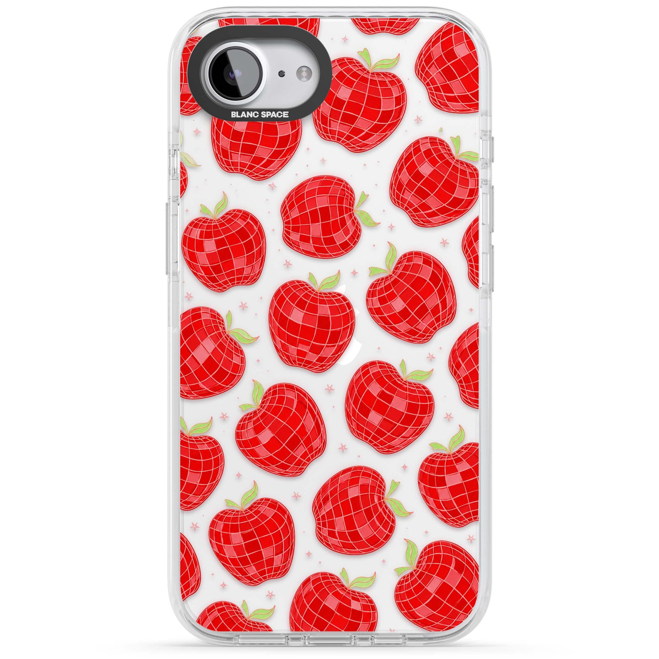 Disco Apples Y2K iPhone case featuring red disco ball apples, green leaves and pink sparkles on clear | Clear Impact case for iPhone 16e, iPhone 17e