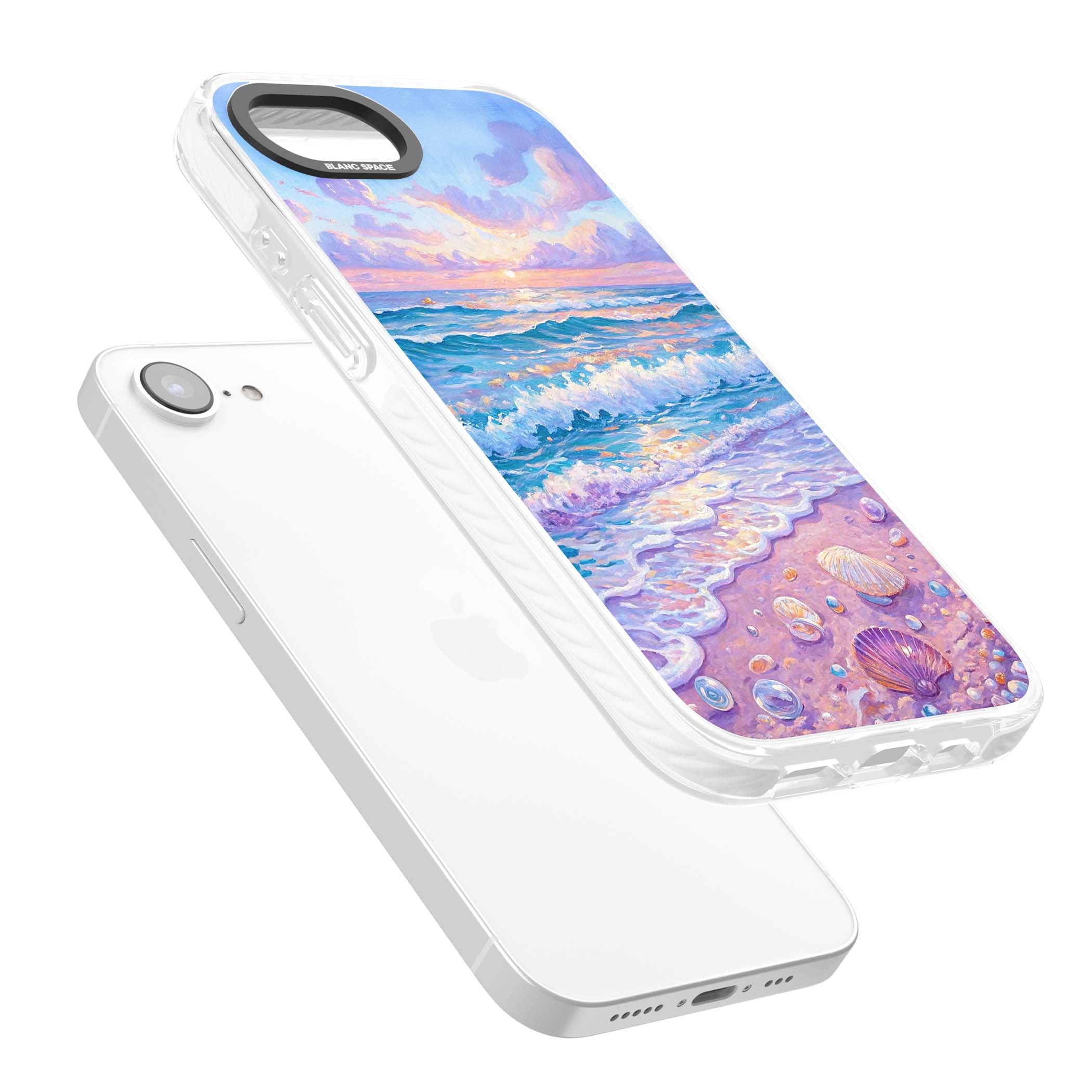 Pearl Shore coastal iPhone case featuring pastel painted waves, seashells, and a sunrise sky over a lavender beach. | Clear Impact case for iPhone 16e, iPhone 17e