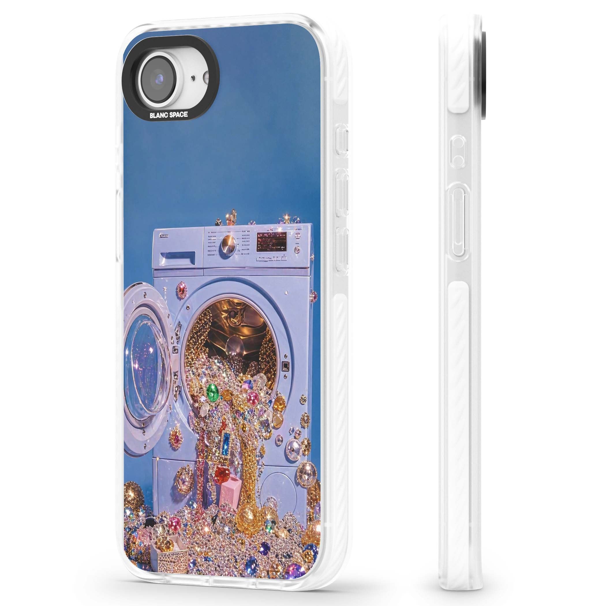 Gem Laundry baddie iPhone case featuring a surreal washing machine overflowing with colourful gemstones and crystals | Clear Impact case for iPhone 16e, iPhone 17e