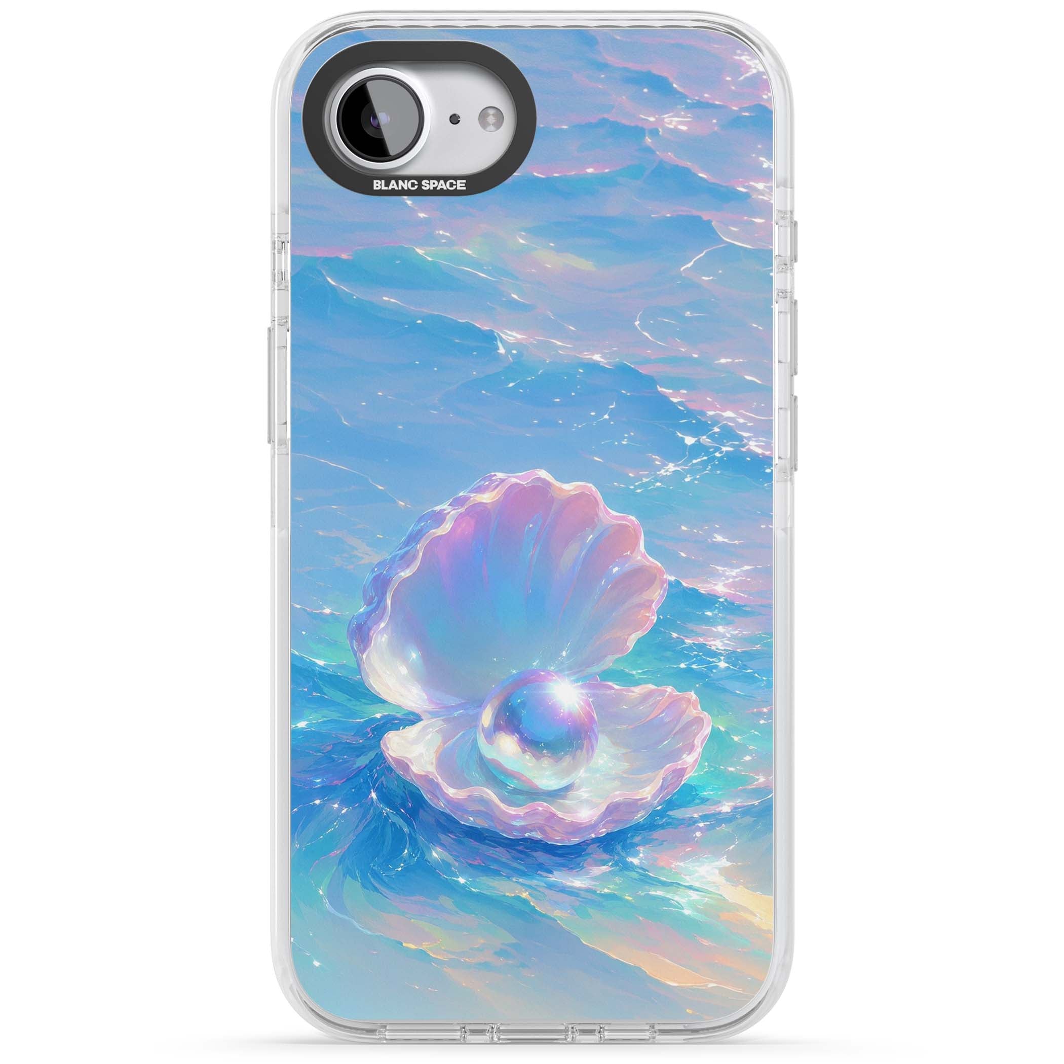 The Pearl Clam mermaidcore iPhone case featuring iridescent seashell, glowing pearl and pastel ocean waves | Clear Impact case for iPhone 16e, iPhone 17e