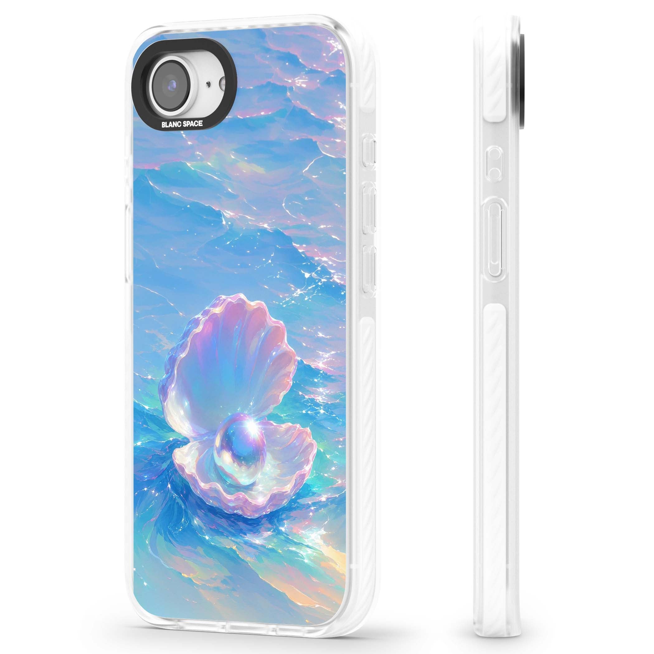 The Pearl Clam mermaidcore iPhone case featuring iridescent seashell, glowing pearl and pastel ocean waves | Clear Impact case for iPhone 16e, iPhone 17e