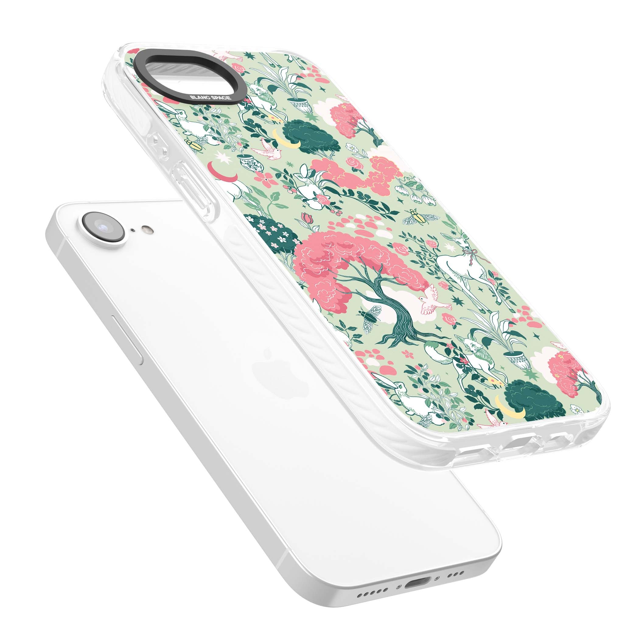 Enchanted Woodland cottagecore iPhone case featuring white deer, pink roses, mushrooms and woodland animals on sage green | Clear Impact case for iPhone 16e, iPhone 17e
