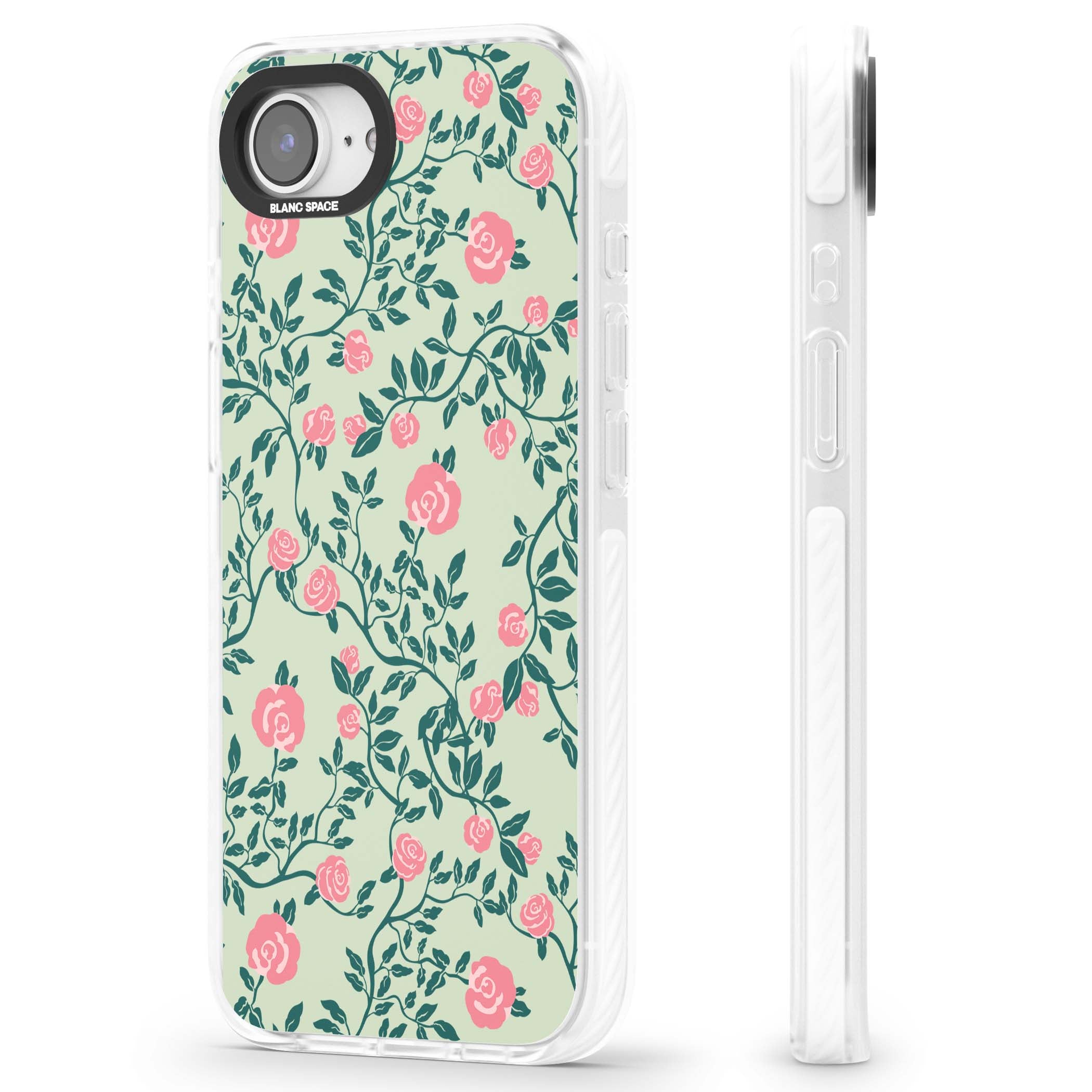 Rose Trellis cottagecore iPhone case featuring pink roses, sage green vines, and mint background | Clear Impact case for iPhone 16e, iPhone 17e