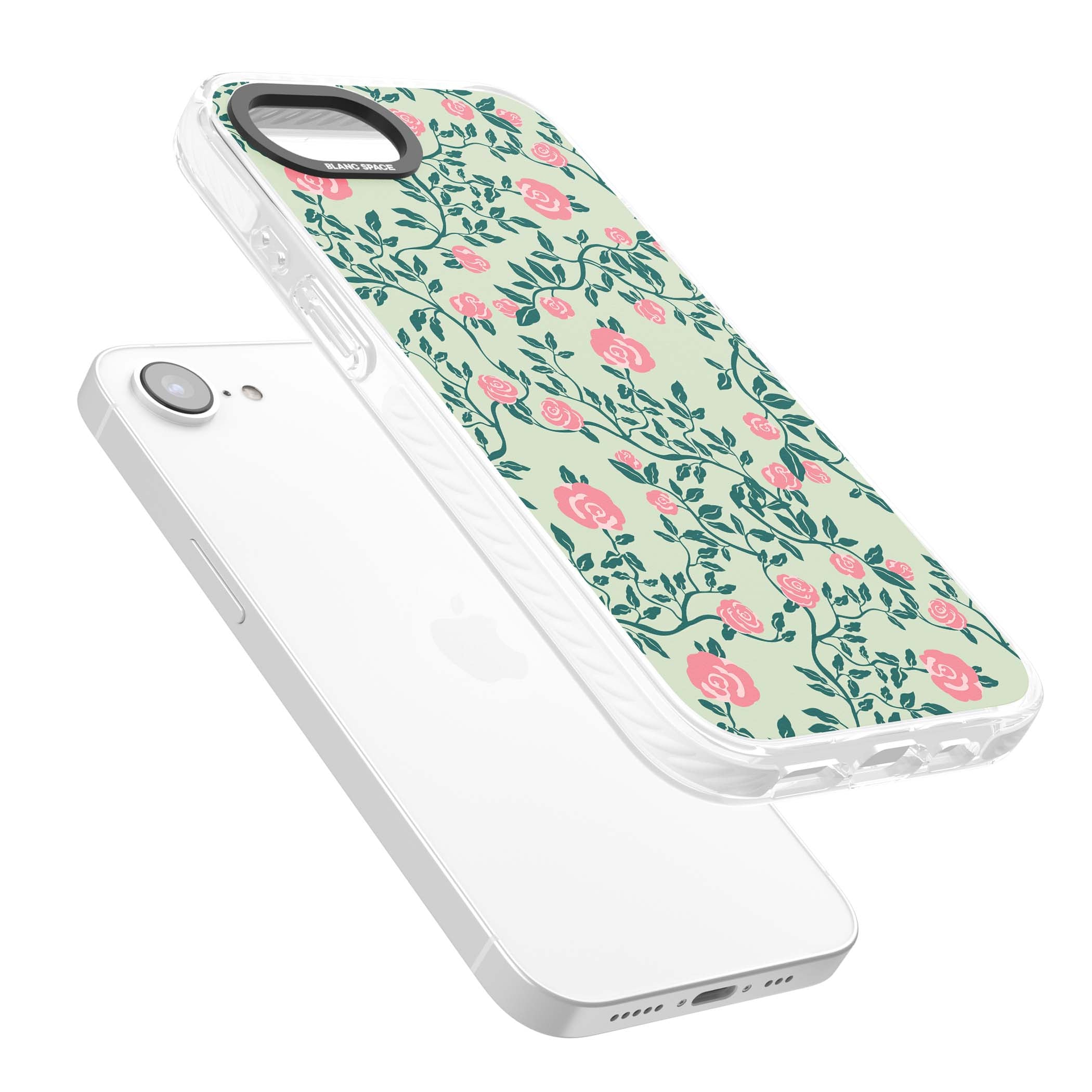 Rose Trellis cottagecore iPhone case featuring pink roses, sage green vines, and mint background | Clear Impact case for iPhone 16e, iPhone 17e