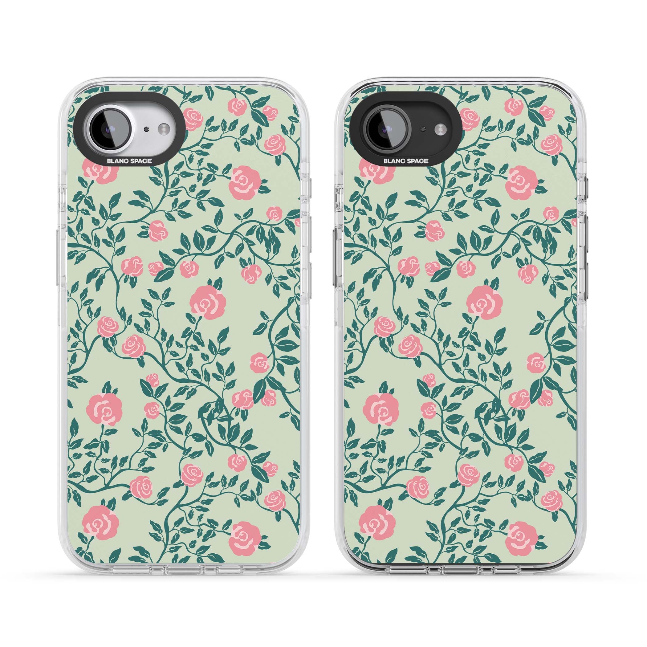Rose Trellis cottagecore iPhone case featuring pink roses, sage green vines, and mint background | Clear Impact case for iPhone 16e, iPhone 17e